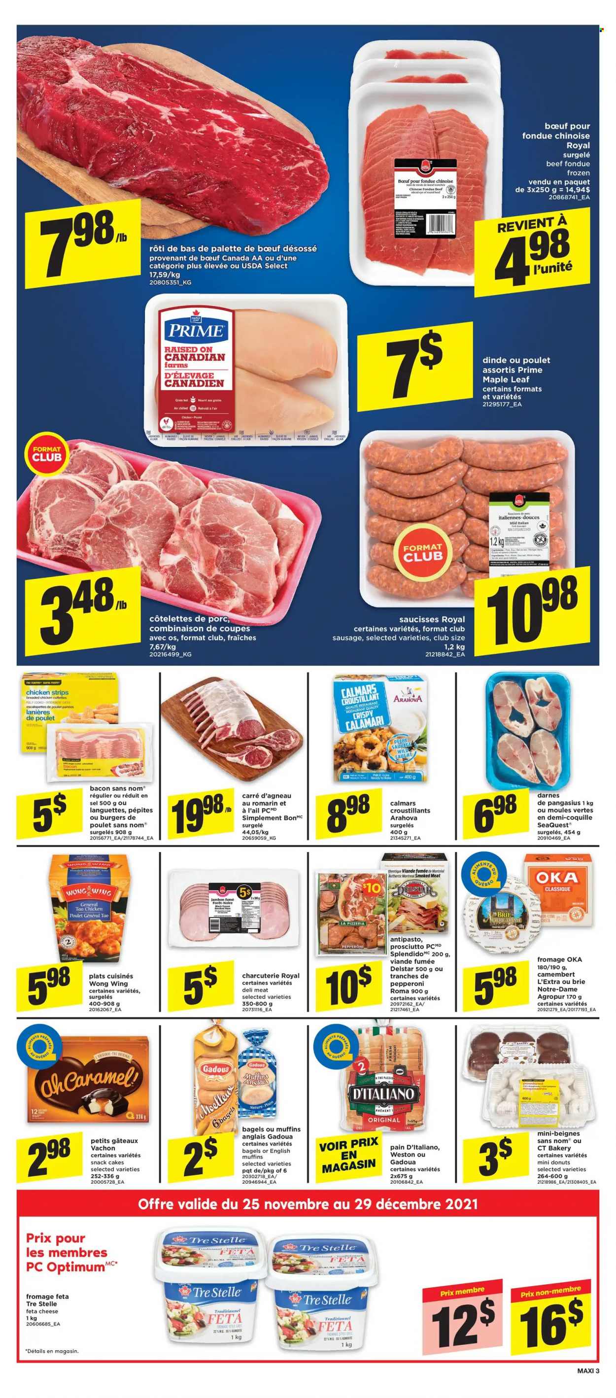 thumbnail - Maxi & Cie Flyer - November 25, 2021 - December 01, 2021 - Sales products - bagels, english muffins, cake, donut, calamari, pangasius, No Name, hamburger, fried chicken, bacon, prosciutto, sausage, pepperoni, cheese, brie, feta, strips, chicken strips, snack, tea, eye of round, Palette, camembert. Page 4.
