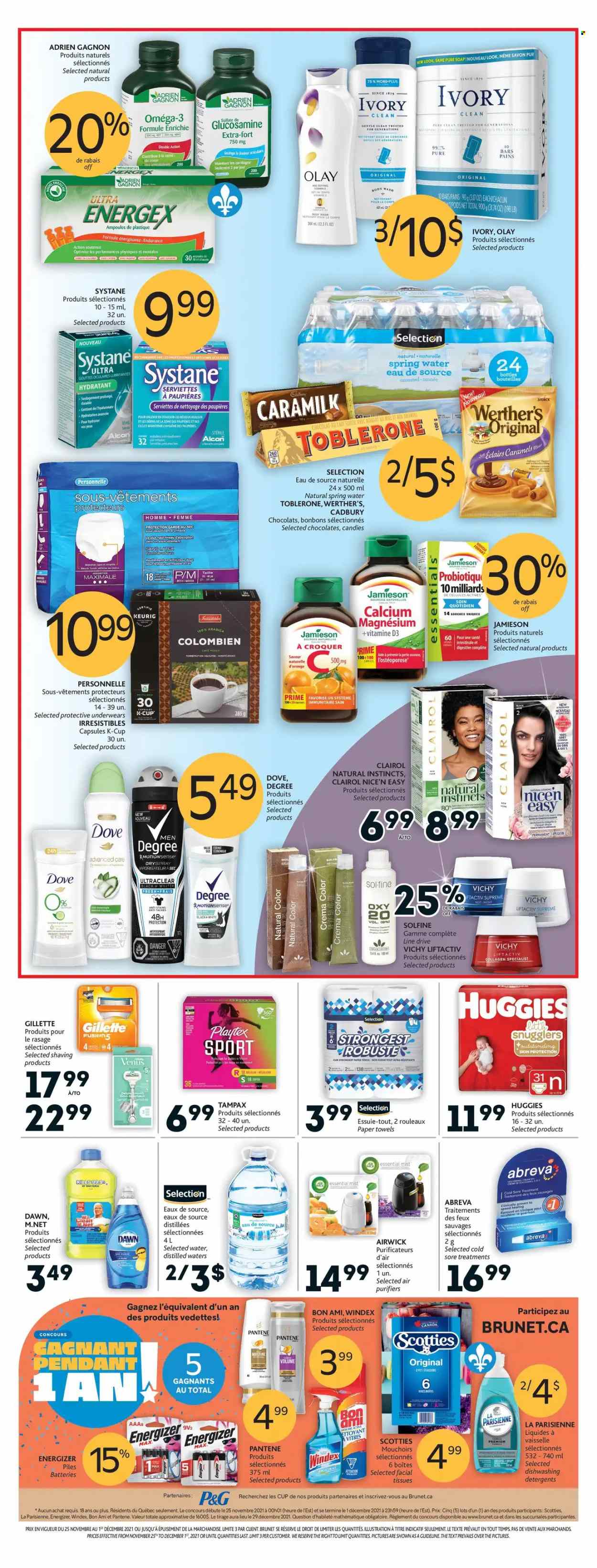 thumbnail - Brunet Flyer - November 25, 2021 - December 01, 2021 - Sales products - tissues, kitchen towels, paper towels, Windex, body wash, Vichy, Playtex, Abreva, Olay, Clairol, Solfine, Venus, glucosamine, magnesium, Omega-3, vitamin D3, calcium, Dove, Energizer, Gillette, Systane, Huggies, Pantene. Page 2.