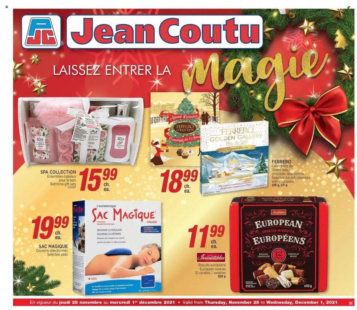 thumbnail - Circulaire Jean Coutu - 25 Novembre 2021 - 01 Décembre 2021 - Produits soldés - chocolat, biscuits, cookies, sac, coussin. Page 1.
