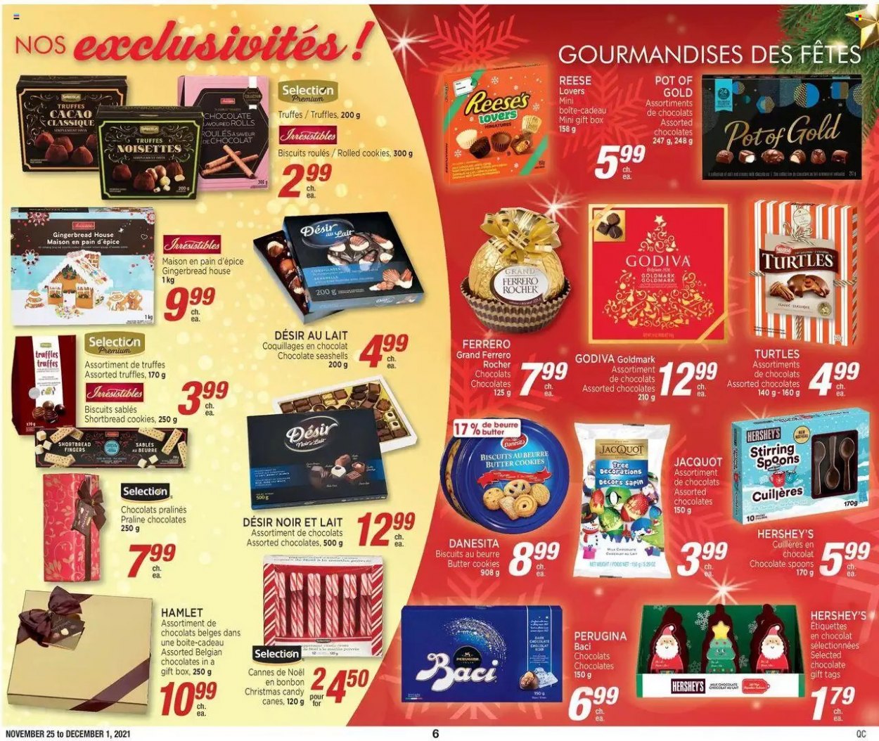 thumbnail - Jean Coutu Flyer - November 25, 2021 - December 01, 2021 - Sales products - cookies, gingerbread, chocolate, butter cookies, truffles, Godiva, Reese's, Hershey's, biscuit, spoon, gift box, pralines, Ferrero Rocher. Page 6.