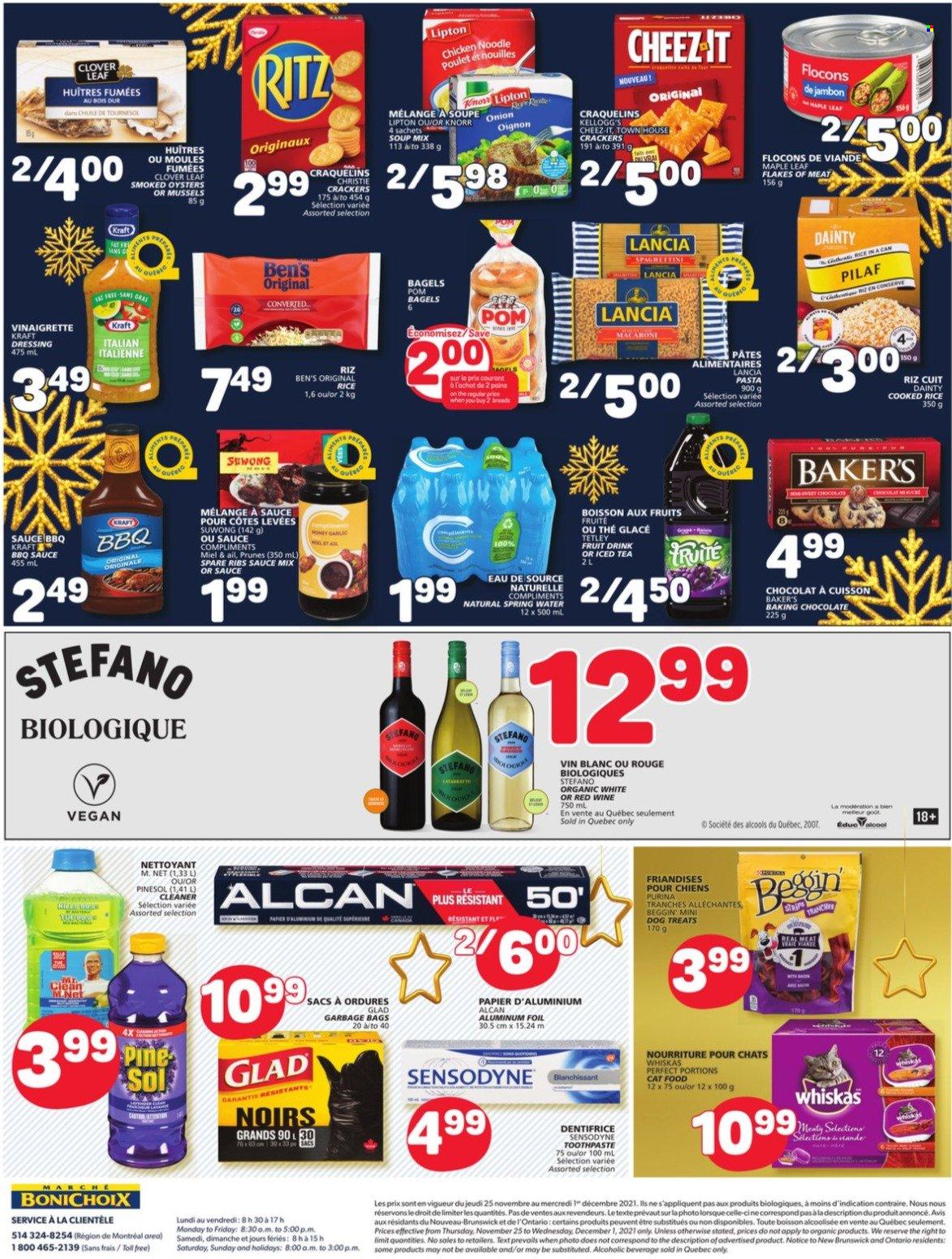 thumbnail - Marché Bonichoix Flyer - November 25, 2021 - December 01, 2021 - Sales products - bagels, mussels, smoked oysters, oysters, soup mix, soup, pasta, noodles, Kraft®, Clover, chocolate, crackers, Kellogg's, RITZ, Cheez-It, rice, BBQ sauce, vinaigrette dressing, dressing, fruit drink, ice tea, spring water, pork spare ribs, cleaner, Pine-Sol, toothpaste, Knorr, Sensodyne, Lipton, Whiskas. Page 7.