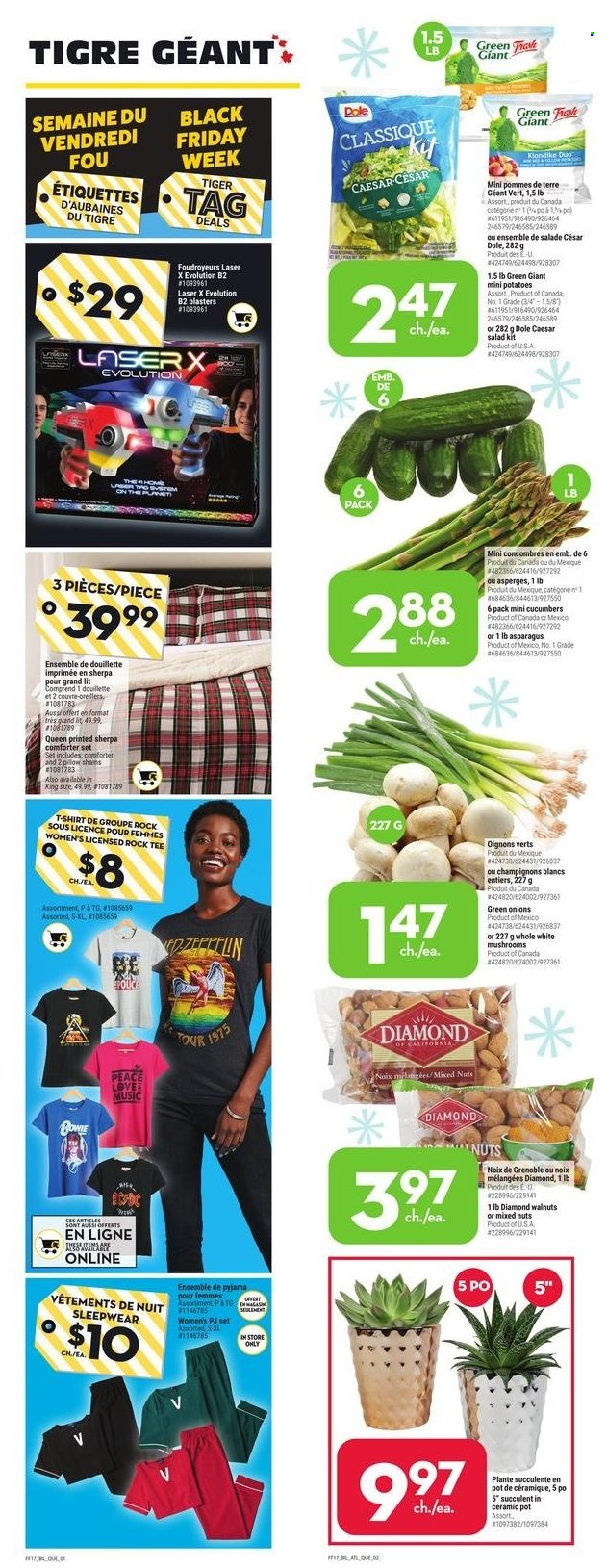 thumbnail - Giant Tiger Flyer - November 24, 2021 - November 30, 2021 - Sales products - mushrooms, asparagus, cucumber, potatoes, salad, Dole, green onion, walnuts, mixed nuts, pot, comforter, t-shirt, sherpa, succulent, sleepwear. Page 1.