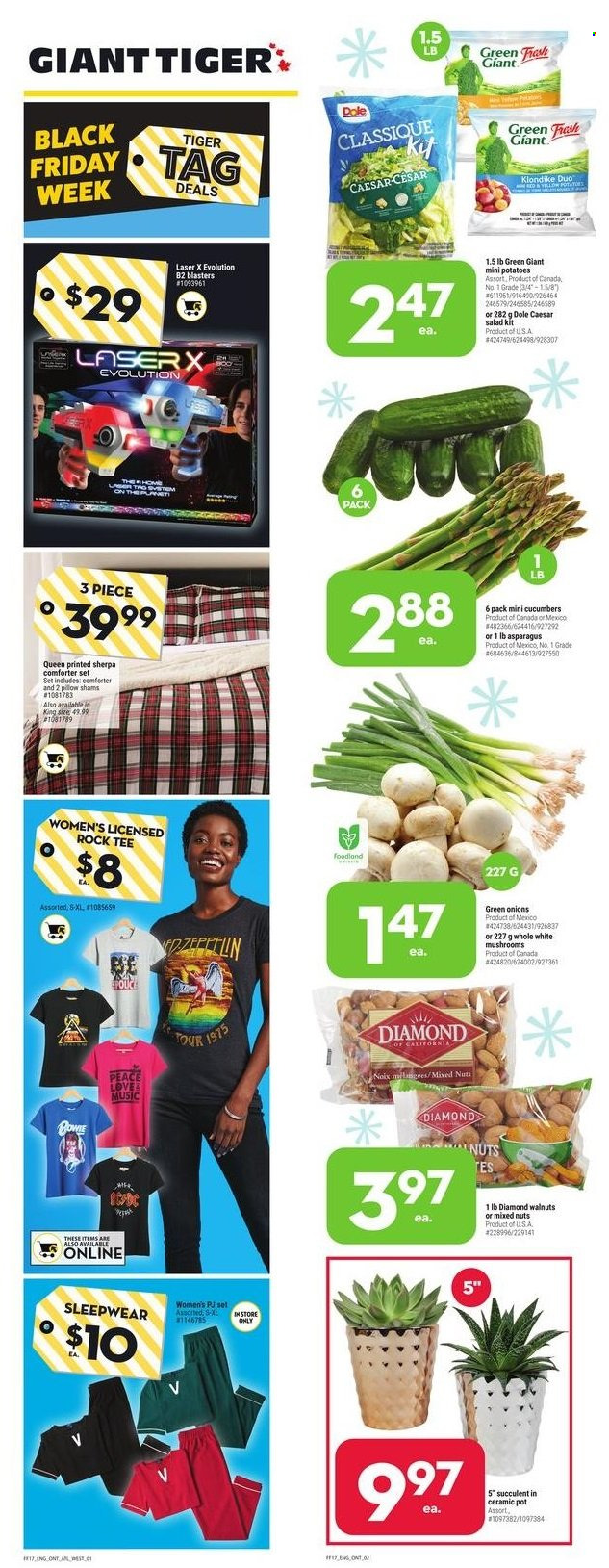 thumbnail - Giant Tiger Flyer - November 24, 2021 - November 30, 2021 - Sales products - mushrooms, asparagus, cucumber, potatoes, onion, salad, Dole, mixed nuts, pot, comforter, pillow, t-shirt, sherpa, succulent, sleepwear. Page 1.