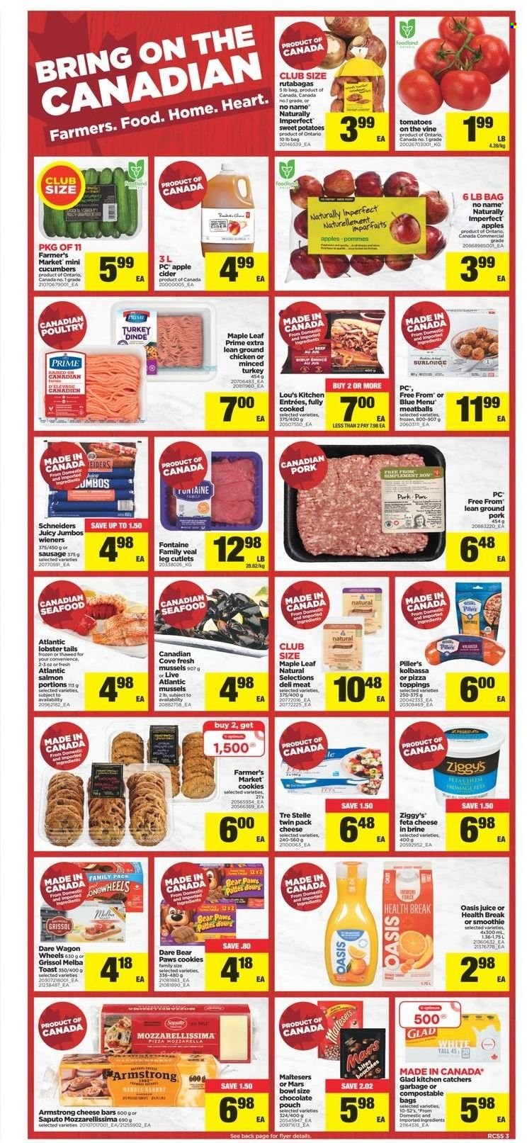 thumbnail - Real Canadian Superstore Flyer - November 25, 2021 - December 01, 2021 - Sales products - sweet potato, potatoes, lobster, mussels, salmon, lobster tail, No Name, pizza, meatballs, sausage, feta, cookies, chocolate, Mars, Maltesers, juice, smoothie, apple cider, cider, ground chicken, chicken, bowl, Paws, wagon. Page 3.