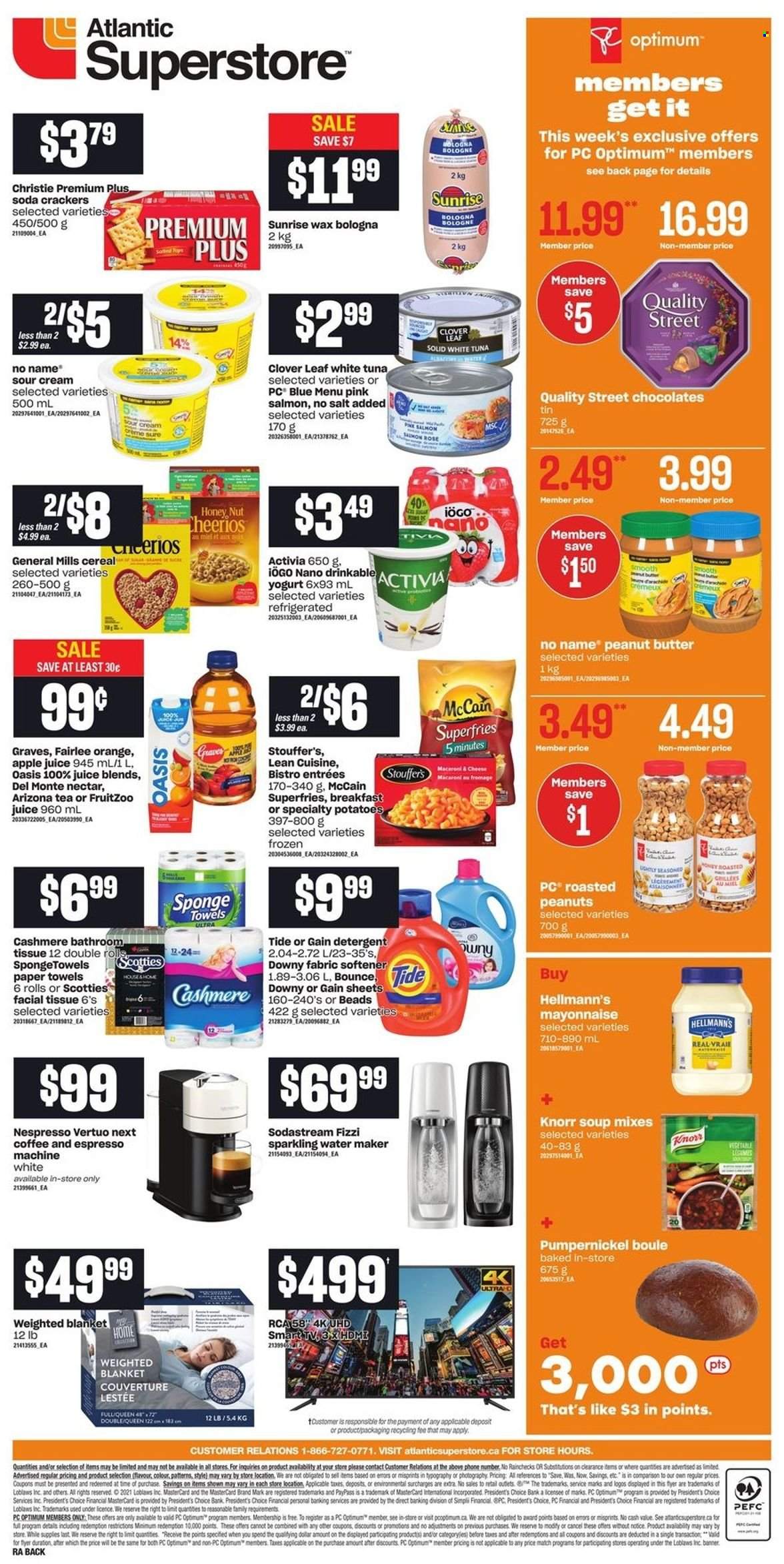 thumbnail - Atlantic Superstore Flyer - November 25, 2021 - December 01, 2021 - Sales products - potatoes, salmon, tuna, No Name, soup, Lean Cuisine, bologna sausage, cheese, Président, yoghurt, Clover, Activia, sour cream, mayonnaise, Hellmann’s, Stouffer's, McCain, potato fries, chocolate, crackers, cereals, Cheerios, peanut butter, peanuts, apple juice, juice, AriZona, tea, coffee, Nespresso, rosé wine, bath tissue, kitchen towels, paper towels, Gain, Tide, fabric softener, Bounce, Downy Laundry, blanket, Optimum, rose, Knorr, detergent. Page 2.