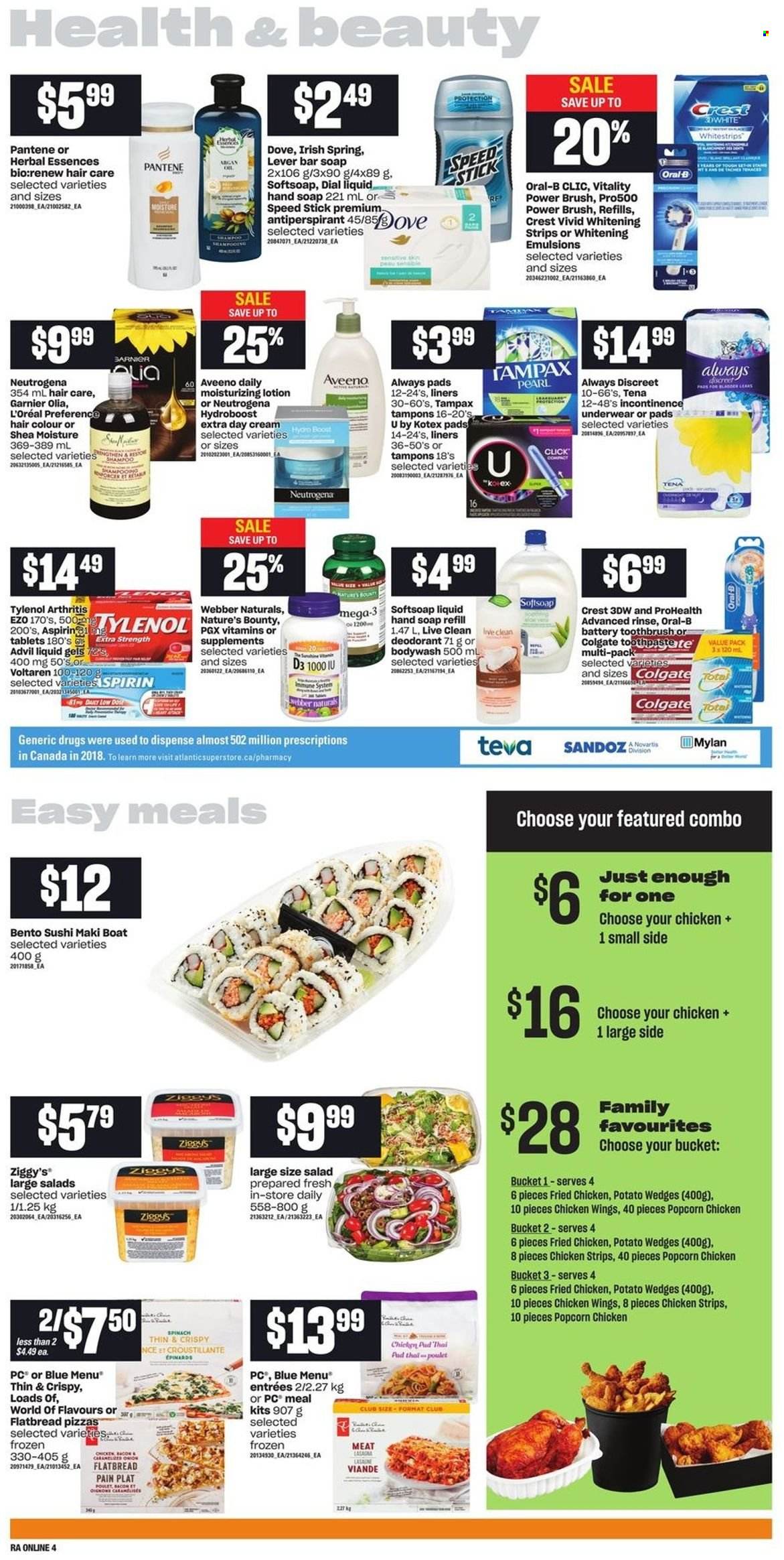 thumbnail - Atlantic Superstore Flyer - November 25, 2021 - December 01, 2021 - Sales products - flatbread, pizza, fried chicken, bacon, chicken wings, strips, chicken strips, potato wedges, popcorn, Boost, Aveeno, Softsoap, hand soap, soap bar, Dial, soap, toothbrush, toothpaste, Crest, Always pads, Always Discreet, Kotex, Kotex pads, incontinence underwear, tampons, day cream, L’Oréal, hair color, Herbal Essences, body lotion, anti-perspirant, Speed Stick, Nature's Bounty, Tylenol, Advil Rapid, vitamin D3, aspirin, Dove, Colgate, Garnier, Neutrogena, Tampax, Pantene, Oral-B, deodorant. Page 9.