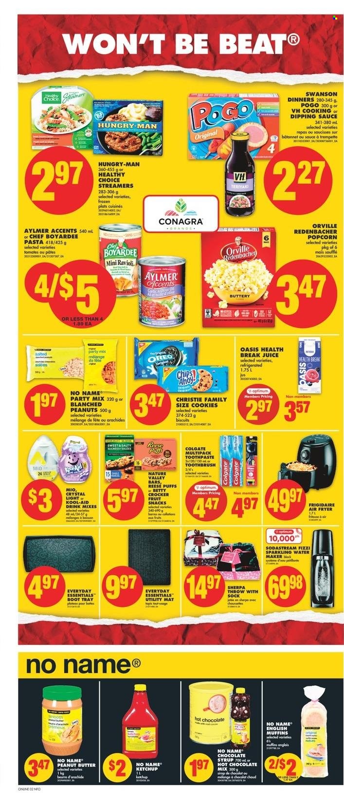 thumbnail - No Frills Flyer - November 25, 2021 - December 01, 2021 - Sales products - english muffins, puffs, No Name, ravioli, pasta, sauce, Healthy Choice, cookies, biscuit, fruit snack, popcorn, Chef Boyardee, Nature Valley, peanut butter, chocolate syrup, syrup, peanuts, juice, hot chocolate, toothbrush, toothpaste, SodaStream, Optimum, air fryer, water maker, Oreo, Colgate, ketchup. Page 7.