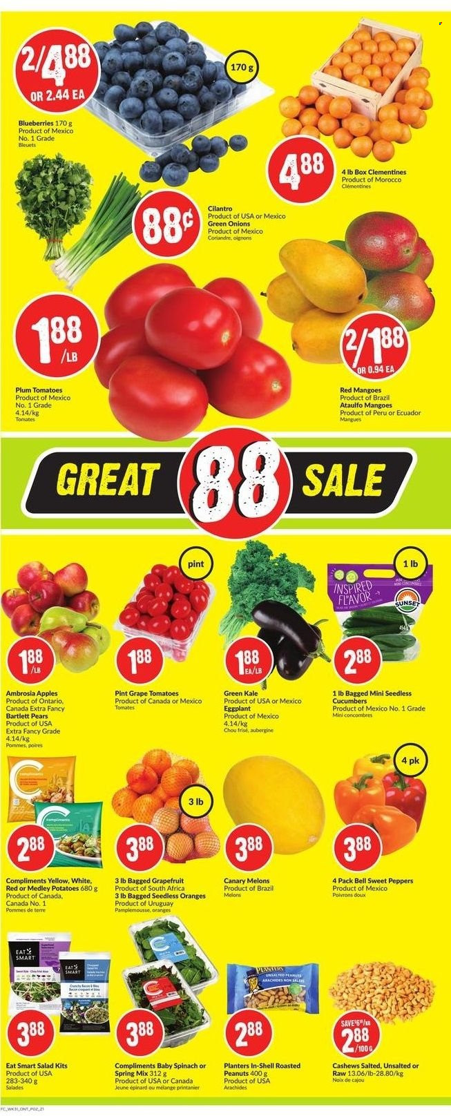 thumbnail - FreshCo. Flyer - November 25, 2021 - December 01, 2021 - Sales products - cucumber, sweet peppers, tomatoes, kale, potatoes, salad, peppers, eggplant, green onion, apples, Bartlett pears, clementines, grapefruits, mango, pears, melons, cilantro, cashews, roasted peanuts, peanuts, Planters, oranges. Page 2.