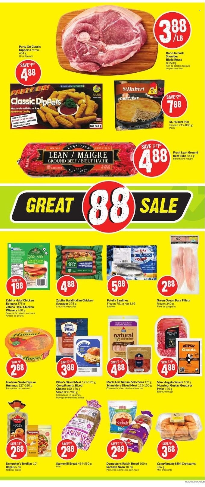 thumbnail - Chalo! FreshCo. Flyer - November 25, 2021 - December 01, 2021 - Sales products - bagels, bread, tortillas, croissant, salad, sardines, pangasius, pizza, salami, bologna sausage, sausage, hummus, gouda, sliced cheese, dried fruit, beef meat, ground beef, pork meat, pork shoulder, raisins. Page 3.