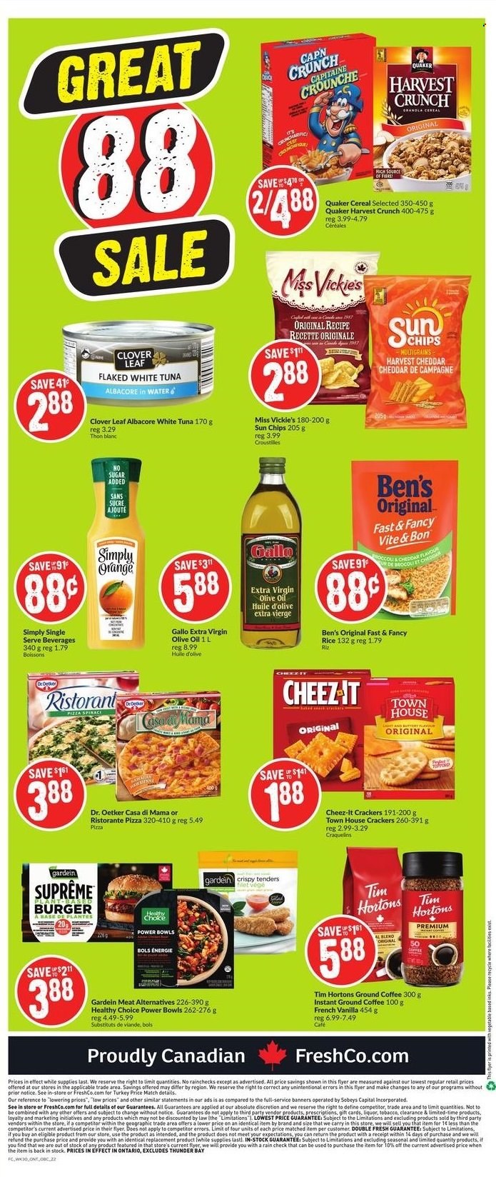 thumbnail - Chalo! FreshCo. Flyer - November 25, 2021 - December 01, 2021 - Sales products - tuna, pizza, hamburger, Quaker, Healthy Choice, Dr. Oetker, Clover, crackers, Cheez-It, cereals, extra virgin olive oil, olive oil, oil, coffee, ground coffee, liquor, chips. Page 6.