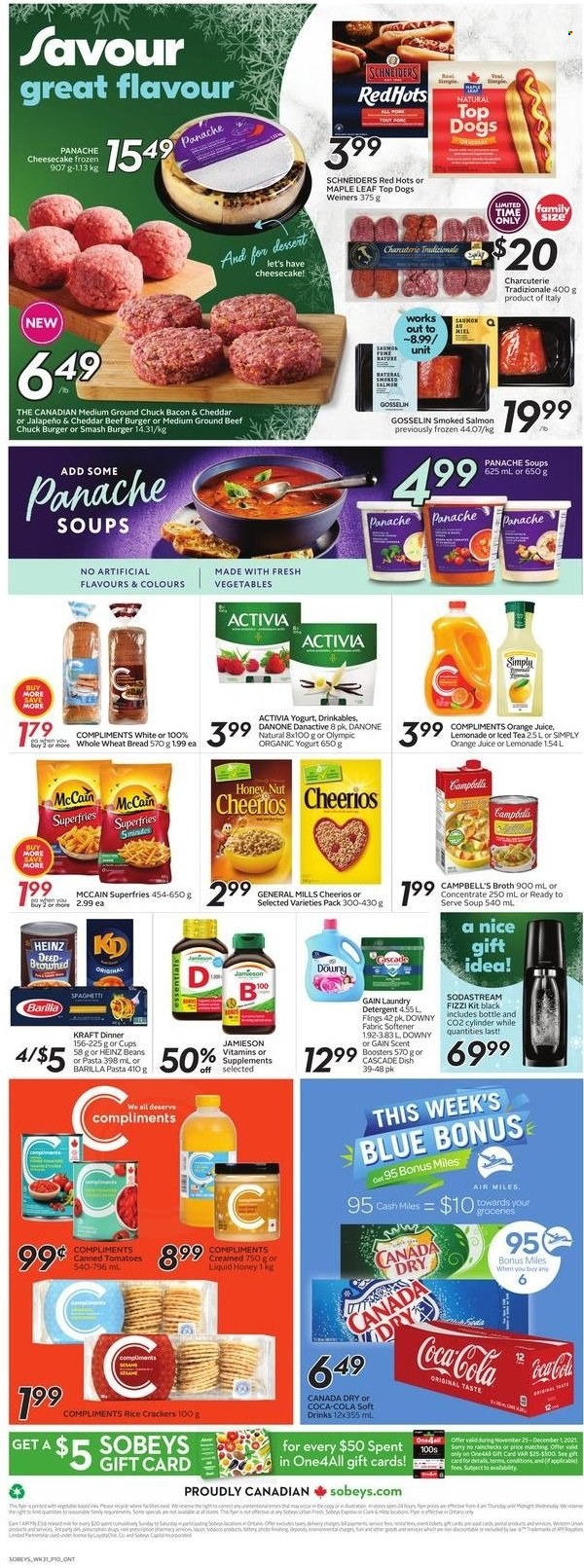 thumbnail - Sobeys Flyer - November 25, 2021 - December 01, 2021 - Sales products - wheat bread, cheesecake, beans, Campbell's, spaghetti, soup, hamburger, Barilla, beef burger, Kraft®, bacon, cheese, yoghurt, organic yoghurt, Activia, McCain, potato fries, crackers, rice crackers, broth, Heinz, Cheerios, Canada Dry, Coca-Cola, lemonade, orange juice, juice, ice tea, soft drink, gin, ground chuck, Gain, fabric softener, laundry detergent, Cascade, scent booster, Danone, detergent. Page 2.