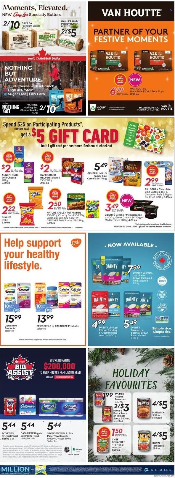 thumbnail - Sobeys Flyer - November 25, 2021 - December 01, 2021 - Sales products - cinnamon roll, garlic, parsley, pasta sauce, Pillsbury, Annie's, cheese, pudding, butter, cookies, fruit snack, pie crust, tomato sauce, Manwich, Chef Boyardee, cereals, Cheerios, Nature Valley, basmati rice, rice, jasmine rice, trail mix, coffee capsules, K-Cups, bath tissue, paper towels, Moments, vitamin c, Emergen-C, Centrum. Page 8.
