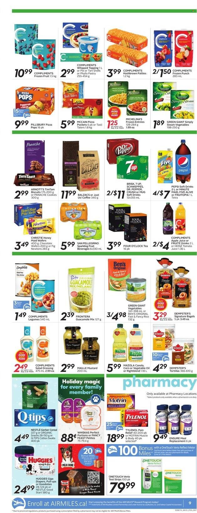 thumbnail - Sobeys Flyer - November 25, 2021 - December 01, 2021 - Sales products - bagels, pie, corn, pizza, Pillsbury, pepperoni, guacamole, milk, McCain, cookies, wafers, chocolate wafer, chocolate, snack, biscuit, Gerber, topping, Heinz, cereals, Honey Maid, rice, pepper, mustard, salad dressing, dressing, apple juice, Schweppes, tomato juice, Pepsi, juice, Dr. Pepper, soft drink, 7UP, fruit punch, San Pellegrino, tea, coffee, nappies, Fancy Feast, pain relief, Tylenol, Motrin, Nestlé, Huggies, Whiskas. Page 10.