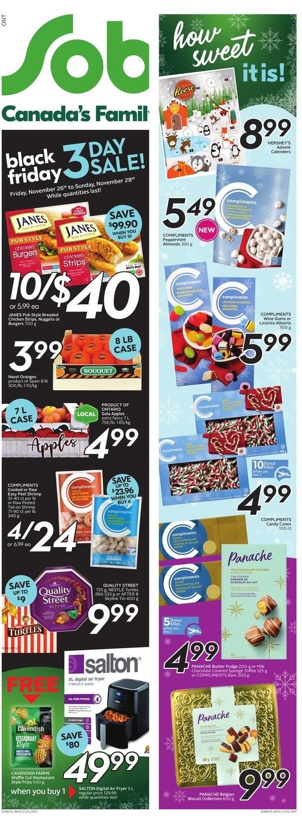 thumbnail - Sobeys Flyer - November 25, 2021 - December 01, 2021 - Sales products - apples, Gala, navel oranges, shrimps, nuggets, butter, Hershey's, strips, chicken strips, potato fries, fudge, milk chocolate, toffee, biscuit, almonds, turtles, Nestlé, oranges. Page 12.