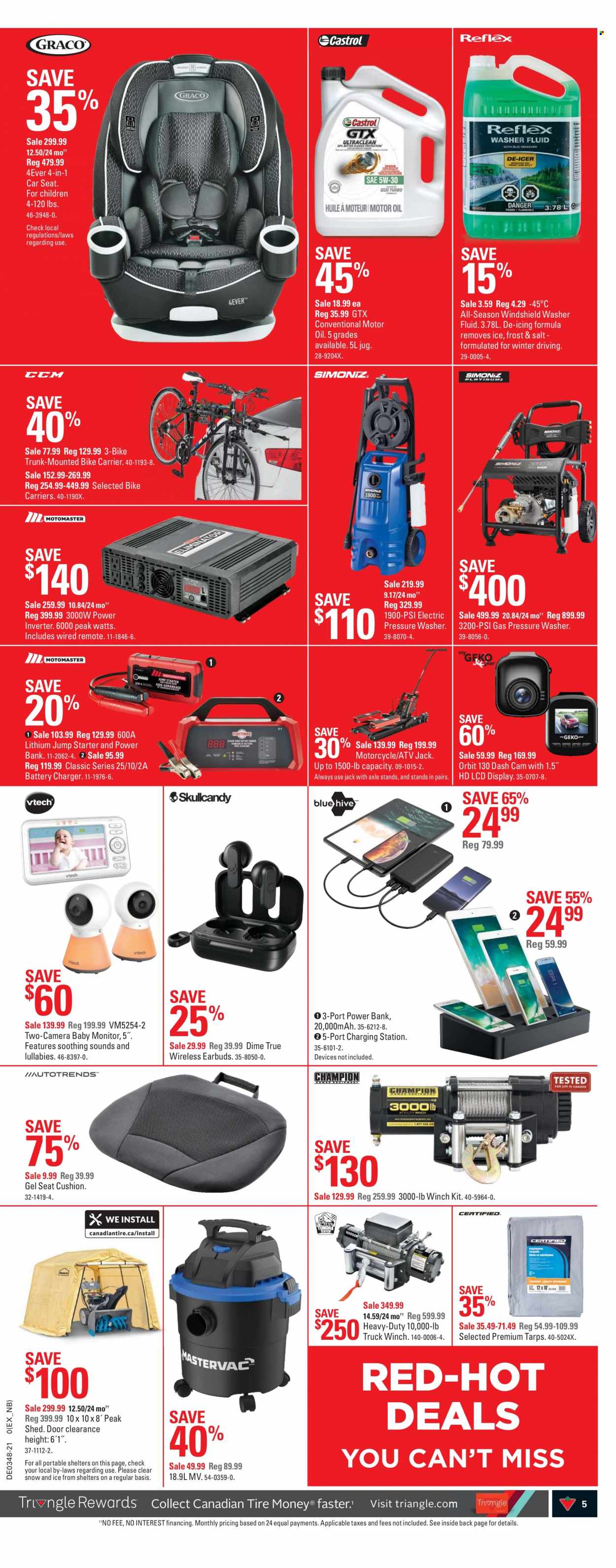 thumbnail - Canadian Tire Flyer - November 26, 2021 - December 02, 2021 - Sales products - battery charger, cushion, baby monitor, tarps, motorcycle, baby car seat, electric pressure washer, power inverter, shed, dashboard camera, bike carrier, starter, washer fluid, motor oil, camera. Page 5.