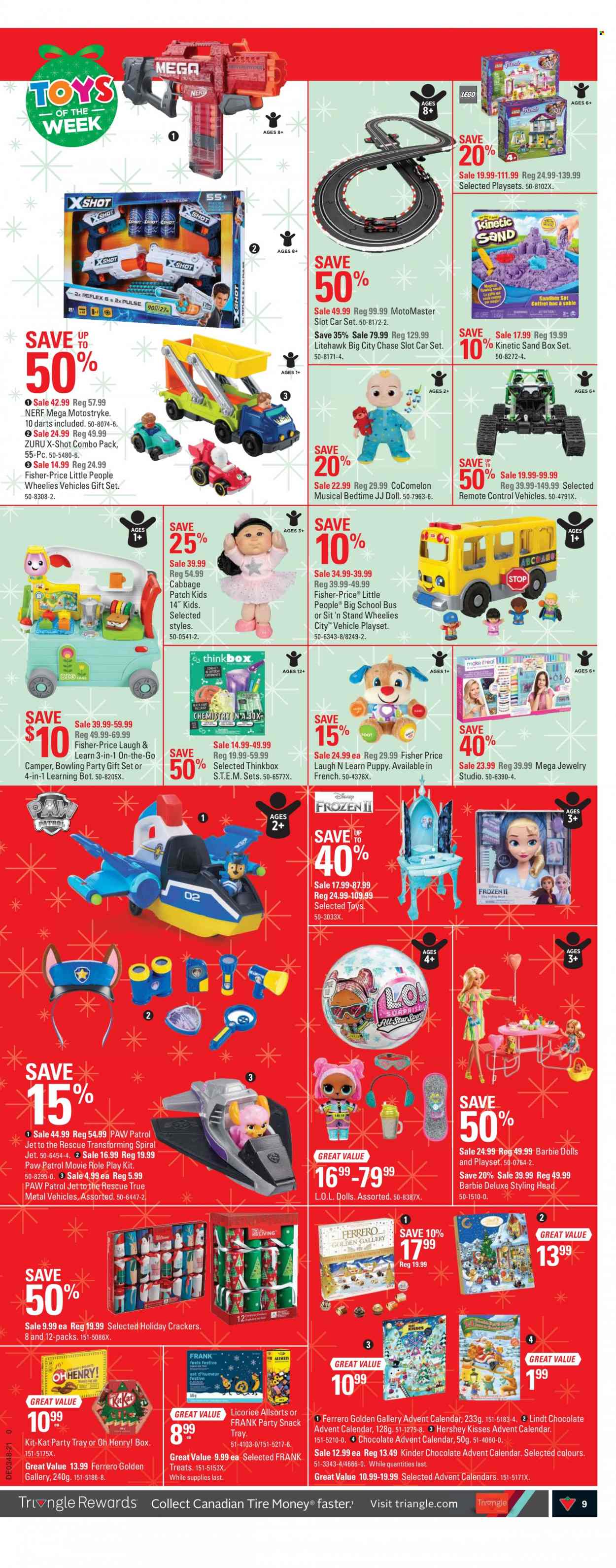 thumbnail - Canadian Tire Flyer - November 26, 2021 - December 02, 2021 - Sales products - Barbie, calendar, advent calendar, doll, Little People, play set, Paw Patrol, toys, vehicle, Fisher-Price, styling head, Zuru, gift set, Nerf, Lindt, Ferrero Rocher. Page 9.