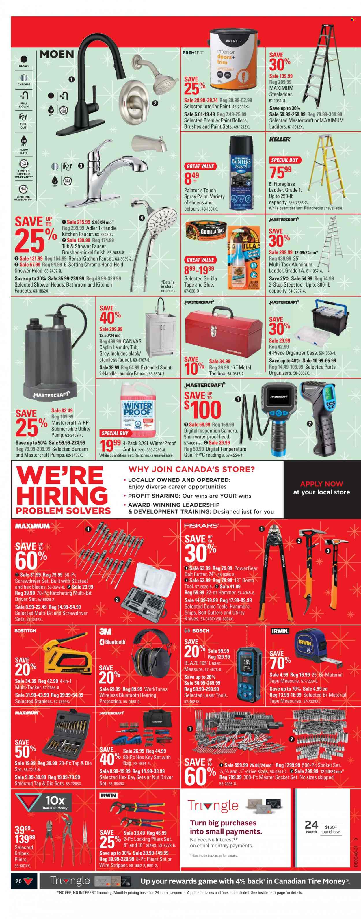 thumbnail - Canadian Tire Flyer - November 26, 2021 - December 02, 2021 - Sales products - bag, knife, glue, cutter, canvas, gun, hammer, ladder, stepladder, faucet, showerhead, spray paint, screwdriver, snips, pliers, tool box, socket set, bolt cutter, screwdriver set, measuring tape, hearing protection, antifreeze, camera. Page 20.