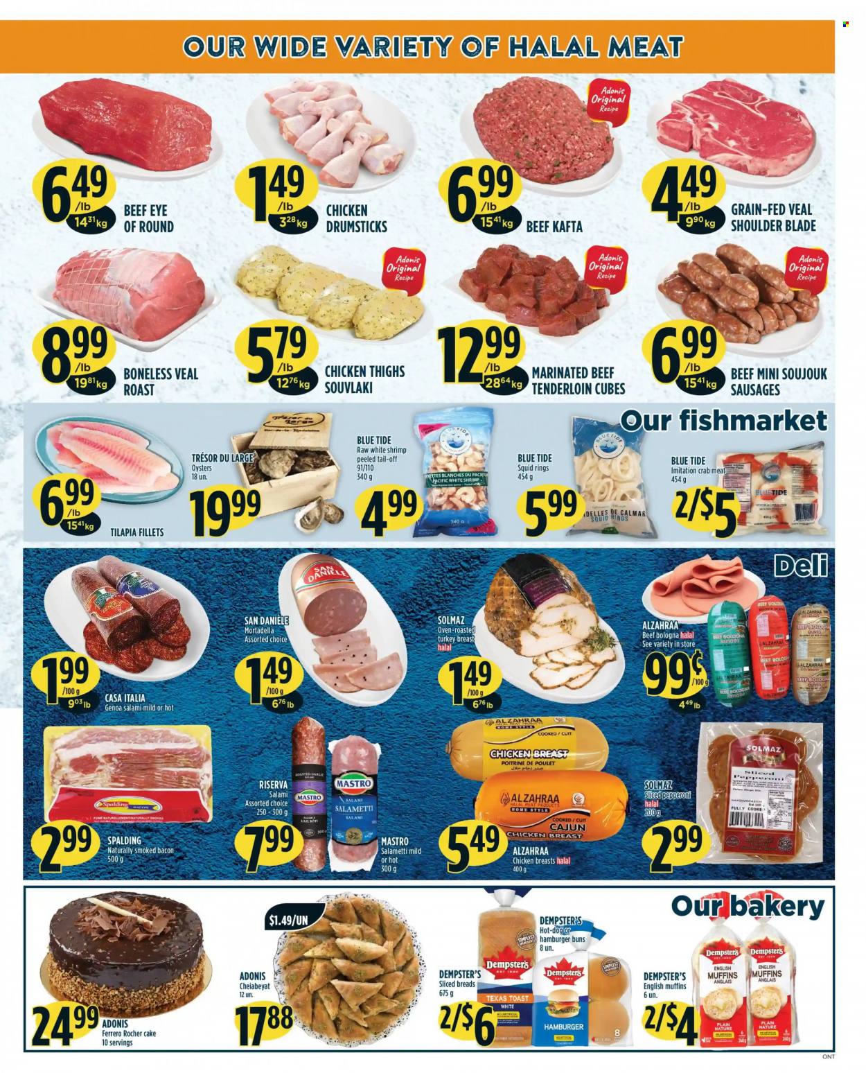 thumbnail - Adonis Flyer - November 25, 2021 - December 01, 2021 - Sales products - english muffins, cake, buns, burger buns, crab meat, squid, tilapia, oysters, crab, shrimps, squid rings, bacon, mortadella, salami, bologna sausage, sausage, pepperoni, Coca-Cola, chicken breasts, chicken thighs, chicken drumsticks, chicken, turkey, beef meat, eye of round, marinated beef, Tide, olives, Ferrero Rocher. Page 3.