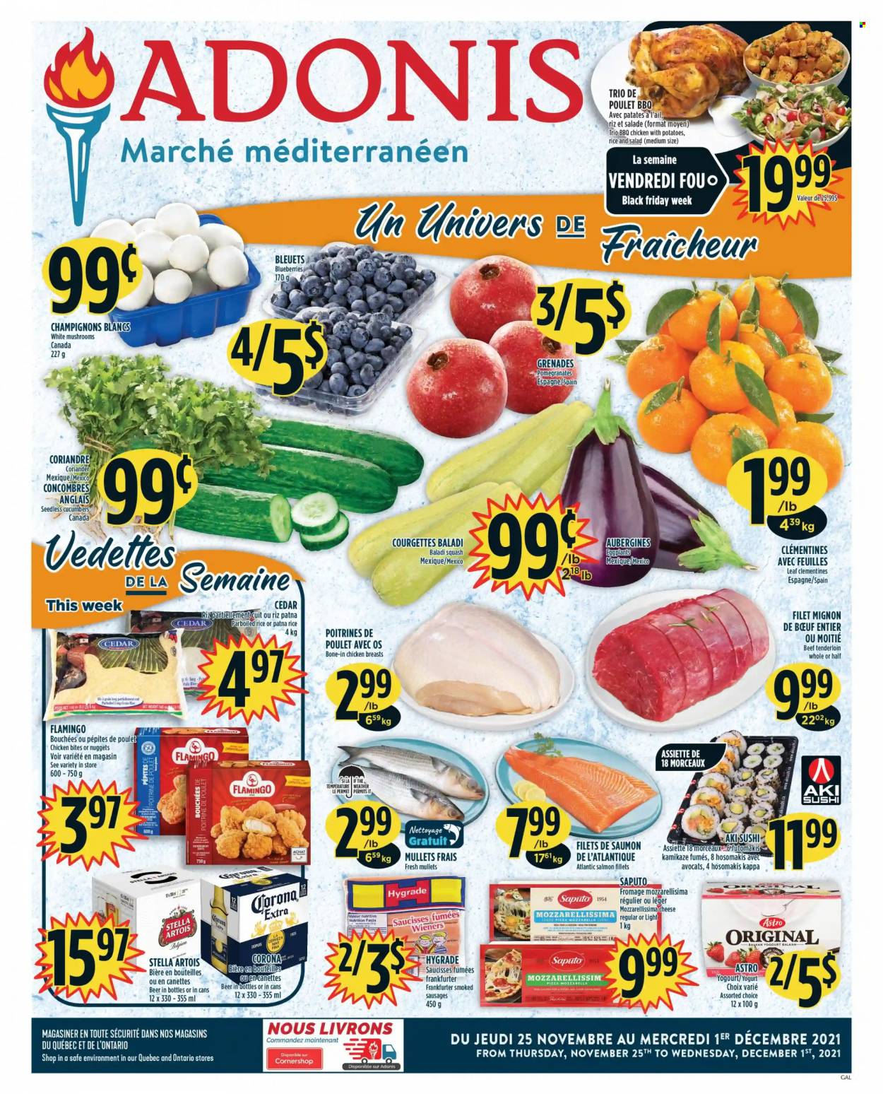 thumbnail - Adonis Flyer - November 25, 2021 - December 01, 2021 - Sales products - cucumber, eggplant, blueberries, clementines, pomegranate, salmon, salmon fillet, mullet, pizza, nuggets, sausage, yoghurt, chicken bites, parboiled rice, long grain rice, coriander, beer, Corona Extra, chicken breasts, beef meat, beef tenderloin, Stella Artois, Kappa. Page 1.