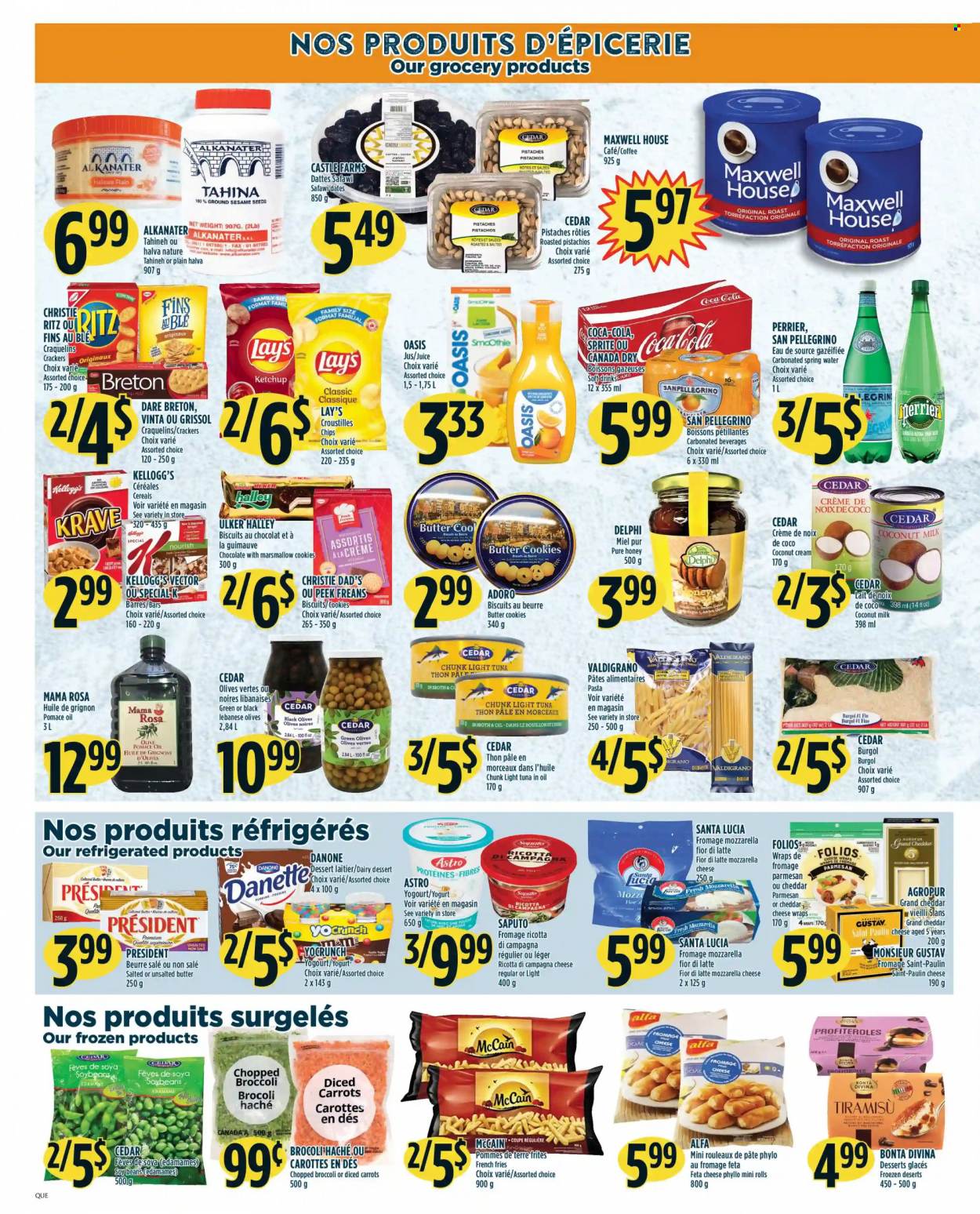 thumbnail - Adonis Flyer - November 25, 2021 - December 01, 2021 - Sales products - wraps, tiramisu, broccoli, carrots, Edamame, tuna, pasta, parmesan, cheese, Président, feta, yoghurt, McCain, potato fries, french fries, cookies, chocolate, butter cookies, crackers, Kellogg's, biscuit, Santa, RITZ, Lay’s, broth, coconut milk, light tuna, cereals, soybeans, honey, pistachios, Canada Dry, Coca-Cola, Sprite, juice, soft drink, Perrier, smoothie, spring water, San Pellegrino, Maxwell House, coffee, Castle, Danone, mozzarella, ricotta, ketchup, olives. Page 4.