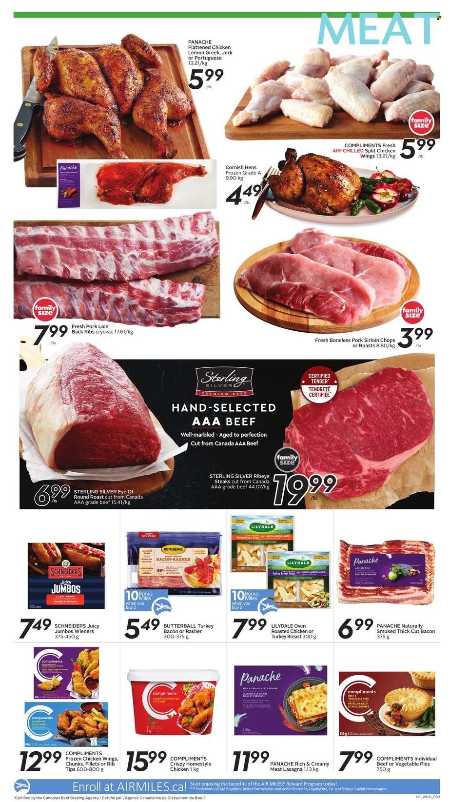 thumbnail - Sobeys Urban Fresh Flyer - November 25, 2021 - December 01, 2021 - Sales products - chicken roast, lasagna meal, bacon, Butterball, turkey bacon, chicken wings, turkey breast, chicken, turkey, beef meat, eye of round, round roast, ribeye steak, pork loin, pork meat, steak. Page 3.