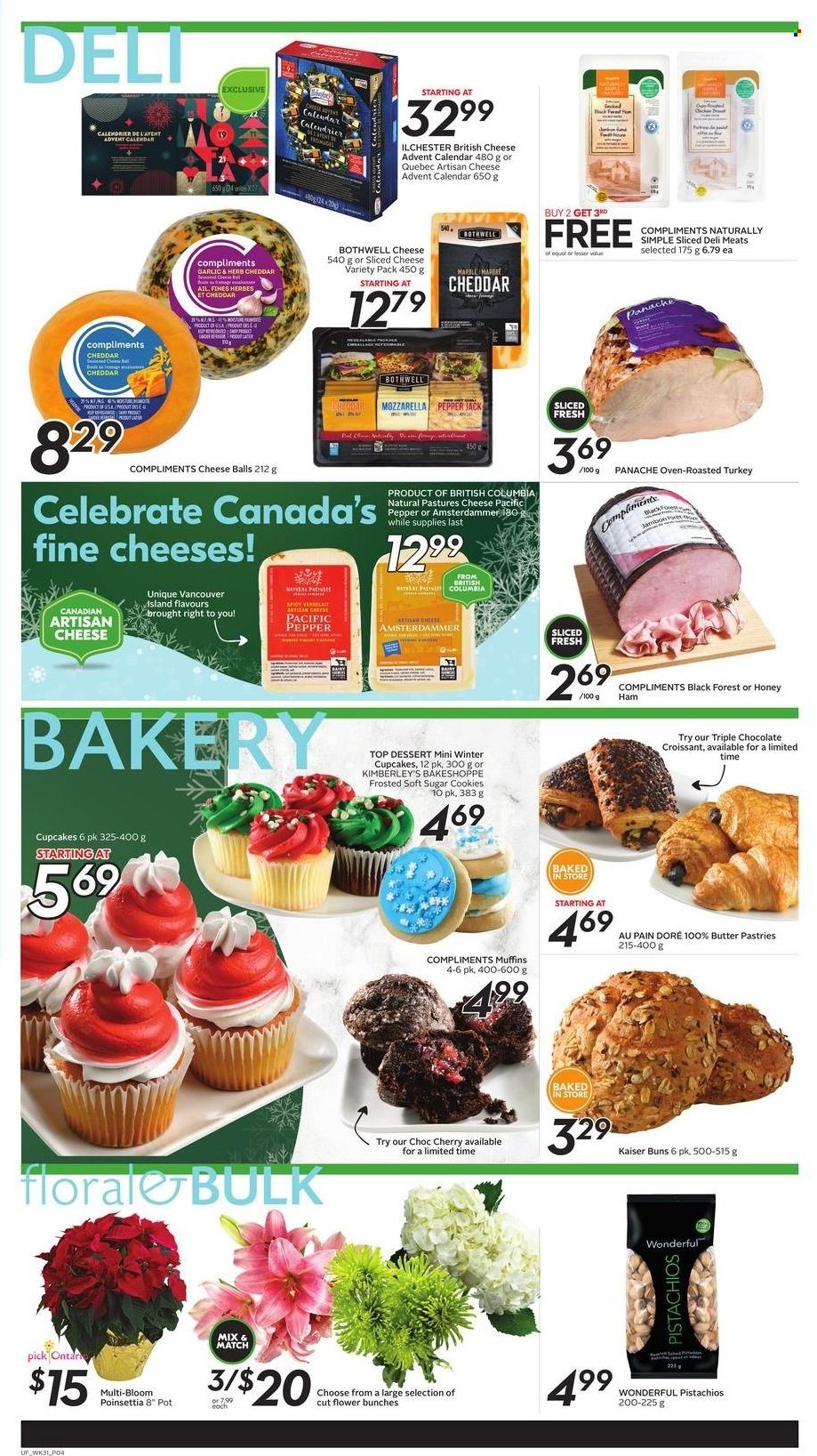 thumbnail - Sobeys Urban Fresh Flyer - November 25, 2021 - December 01, 2021 - Sales products - croissant, buns, cupcake, muffin, cherries, sliced cheese, cheddar, cheese, cheese advent calendar, advent calendar, butter, cookies, chocolate, pepper, pistachios, mozzarella. Page 4.