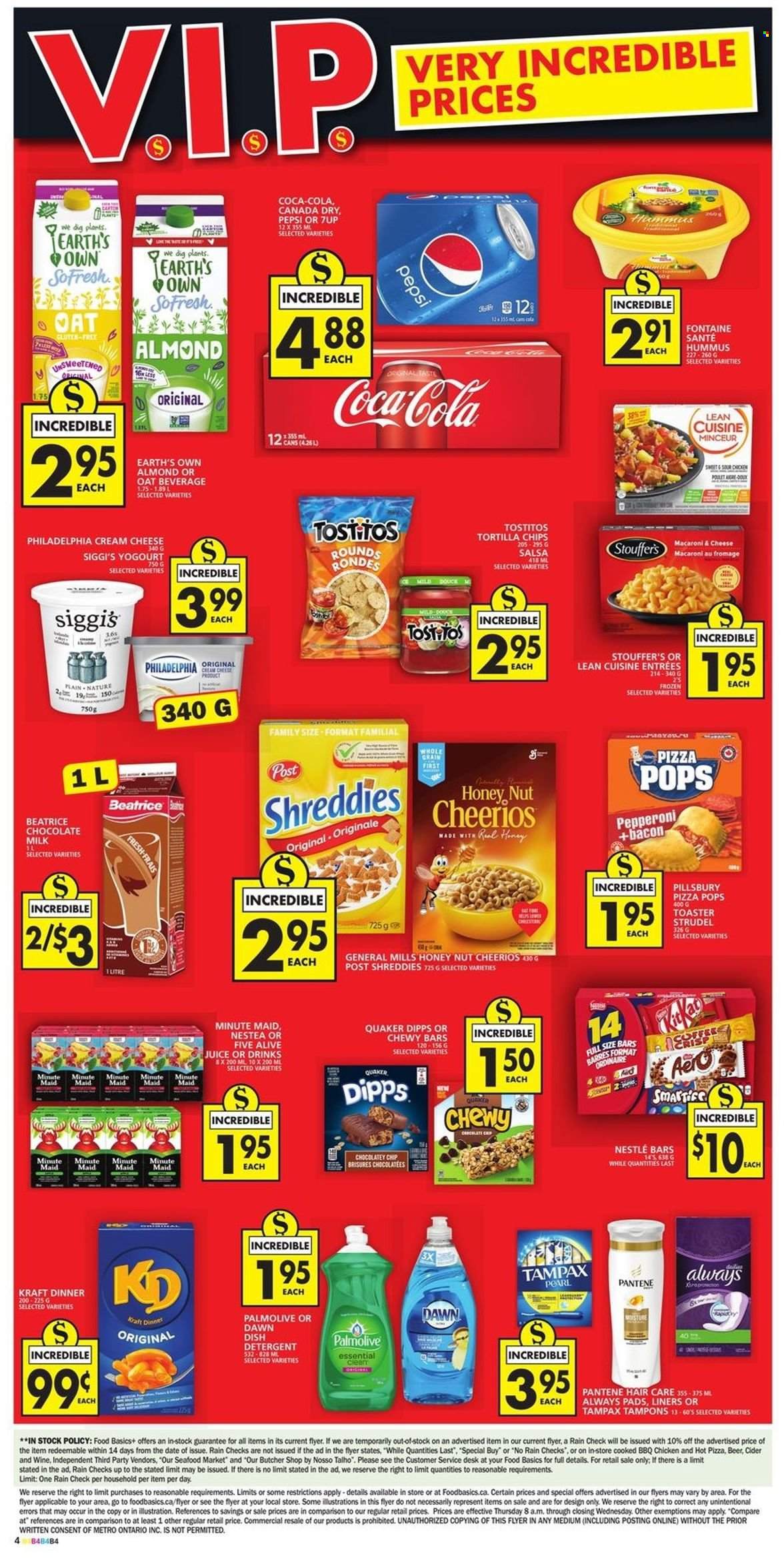 thumbnail - Food Basics Flyer - November 25, 2021 - December 01, 2021 - Sales products - strudel, seafood, macaroni & cheese, pizza, Pillsbury, Quaker, Lean Cuisine, Kraft®, bacon, hummus, cream cheese, milk, Stouffer's, milk chocolate, chocolate, tortilla chips, Tostitos, Cheerios, salsa, Canada Dry, Coca-Cola, Pepsi, juice, 7UP, fruit punch, wine, cider, beer, Palmolive, Always pads, tampons, Nestlé, detergent, Tampax, Philadelphia, Pantene. Page 4.