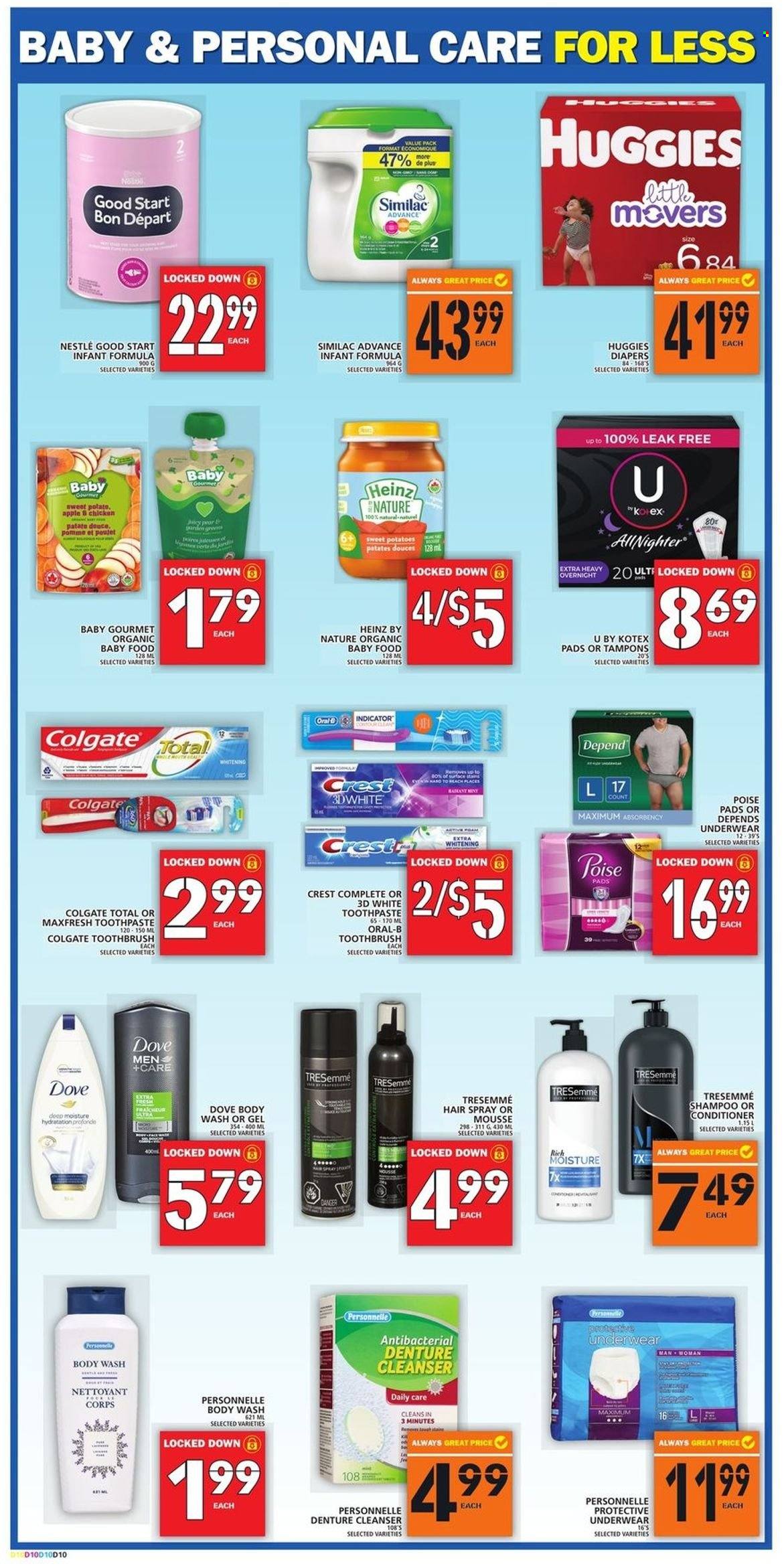 thumbnail - Food Basics Flyer - November 25, 2021 - December 01, 2021 - Sales products - potatoes, Heinz, Similac, organic baby food, nappies, body wash, toothbrush, toothpaste, Crest, Kotex, Kotex pads, tampons, cleanser, conditioner, TRESemmé, Nestlé, Dove, Colgate, shampoo, Huggies, Oral-B. Page 11.