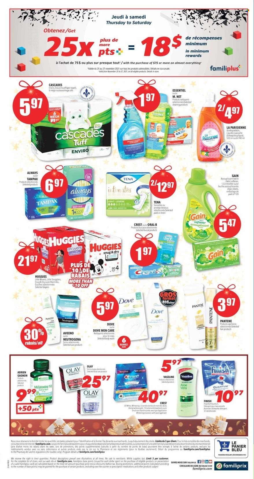 thumbnail - Familiprix Flyer - November 25, 2021 - December 01, 2021 - Sales products - nappies, Aveeno, Gain, fabric softener, Finish Powerball, body wash, Vaseline, Crest, sanitary pads, Olay, detergent, Dove, Neutrogena, Tampax, Huggies, Pantene, Oral-B. Page 9.