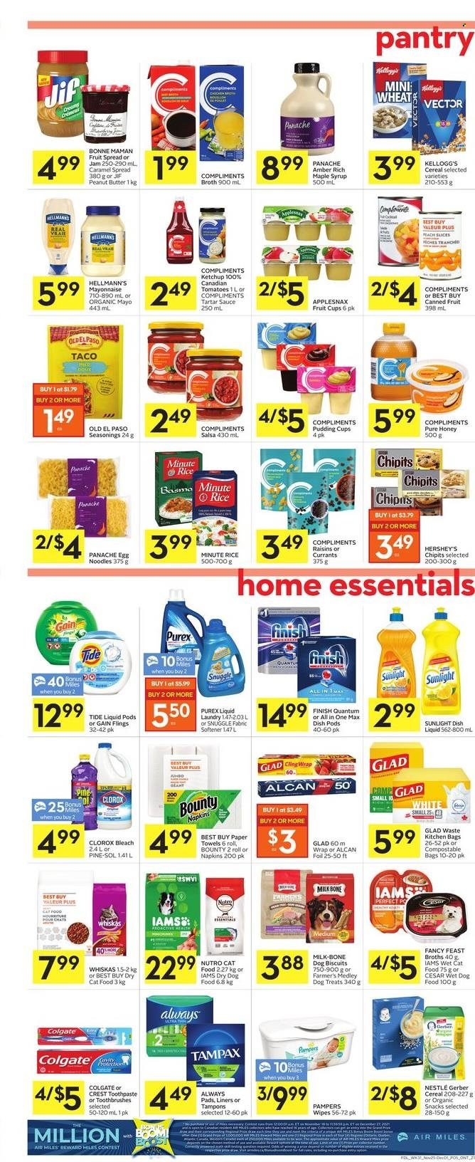 thumbnail - Foodland Flyer - November 25, 2021 - December 01, 2021 - Sales products - Old El Paso, tomatoes, noodles, pudding, milk, mayonnaise, tartar sauce, Hellmann’s, Hershey's, snack, Bounty, Kellogg's, Gerber, broth, cereals, rice, egg noodles, caramel, salsa, maple syrup, honey, fruit jam, peanut butter, syrup, Jif, currants, Nestlé, Colgate, Tampax, ketchup, Pampers, Whiskas. Page 5.