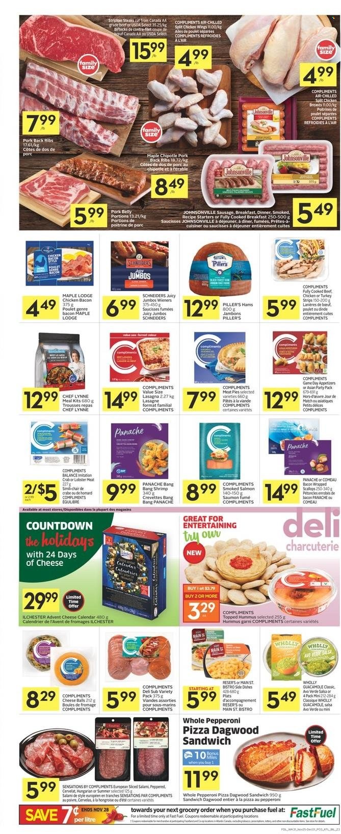 thumbnail - Co-op Flyer - November 25, 2021 - December 01, 2021 - Sales products - lobster, salmon, scallops, smoked salmon, crab, shrimps, pizza, dagwood, lasagna meal, bacon, salami, Johnsonville, sausage, pepperoni, hummus, guacamole, chicken wings, strips, salsa, chicken breasts, beef meat, striploin steak, pork belly, pork meat, pork ribs, pork back ribs, steak. Page 3.