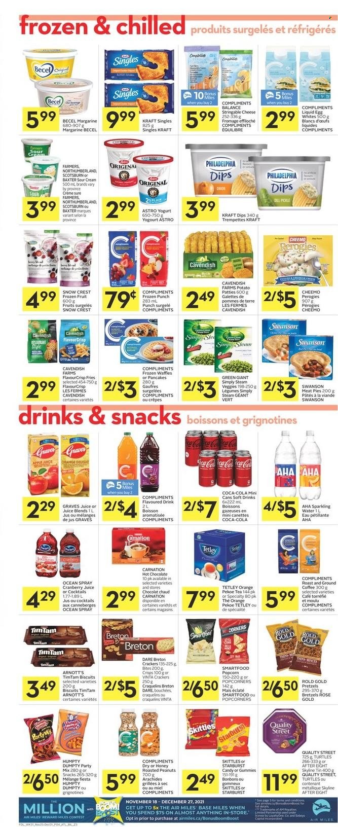 thumbnail - Co-op Flyer - November 25, 2021 - December 01, 2021 - Sales products - pretzels, waffles, onion, Kraft®, sandwich slices, cheese, Kraft Singles, yoghurt, margarine, sour cream, potato fries, crackers, biscuit, After Eight, Skittles, Starburst, dill pickle, Smartfood, popcorn, dill, roasted peanuts, peanuts, apple juice, Coca-Cola, cranberry juice, juice, soft drink, sparkling water, hot chocolate, tea, coffee, ground coffee, wine, punch, Philadelphia, oranges. Page 4.