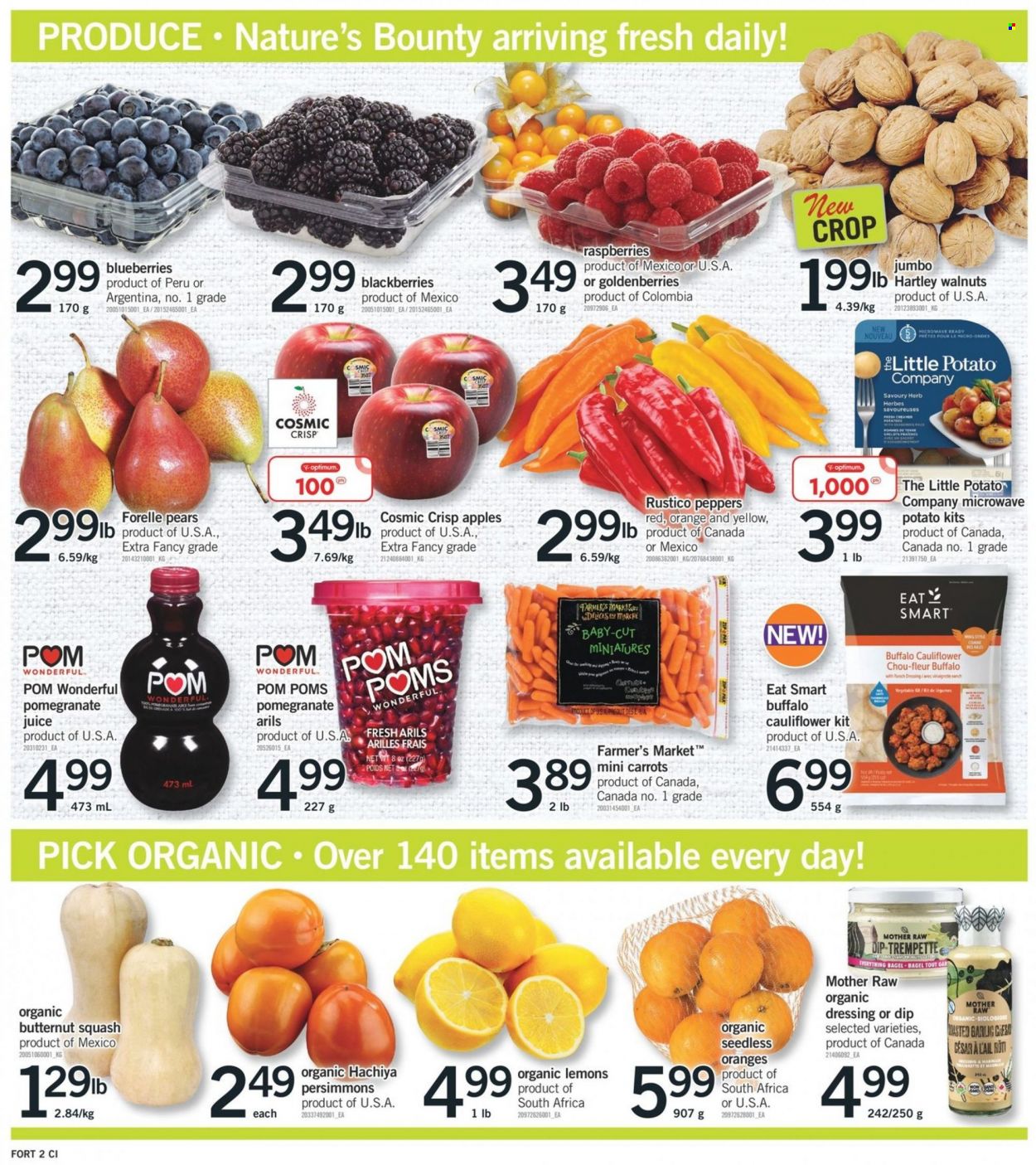 thumbnail - Fortinos Flyer - November 25, 2021 - December 01, 2021 - Sales products - bagels, butternut squash, carrots, garlic, peppers, apples, blackberries, blueberries, pears, persimmons, pomegranate, lemons, dip, herbs, dressing, walnuts, juice, Optimum, microwave, Pom Poms, Nature's Bounty, oranges. Page 3.