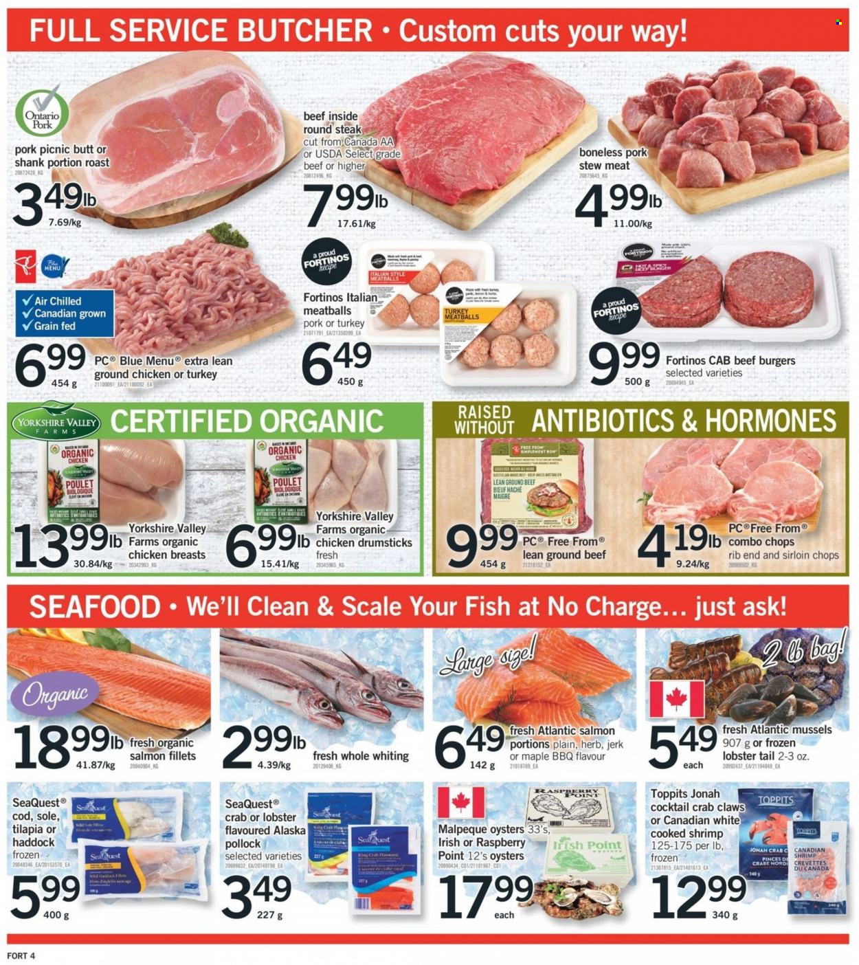 thumbnail - Fortinos Flyer - November 25, 2021 - December 01, 2021 - Sales products - stew meat, scale, cod, lobster, mussels, salmon, salmon fillet, tilapia, haddock, king crab, pollock, oysters, seafood, crab, fish, lobster tail, shrimps, whiting, meatballs, hamburger, beef burger, ground chicken, chicken breasts, chicken drumsticks, chicken, beef meat, ground beef, round steak, bag, steak. Page 5.
