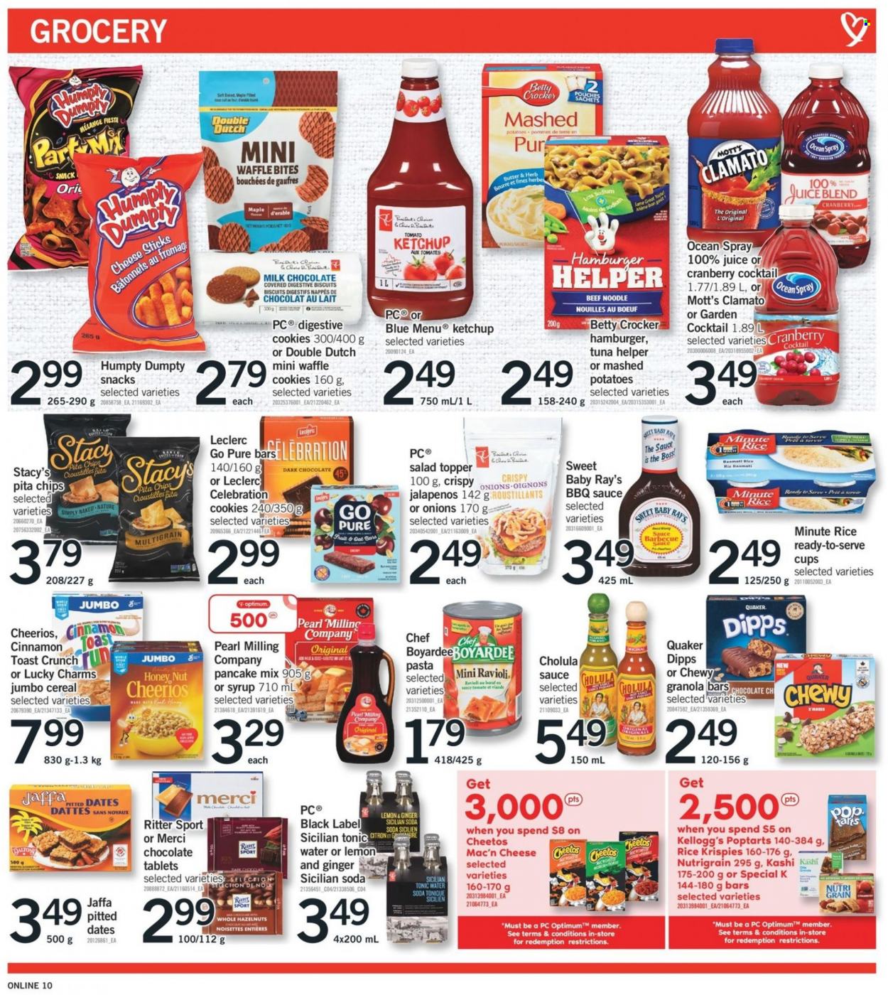 thumbnail - Fortinos Flyer - November 25, 2021 - December 01, 2021 - Sales products - onion, salad, Mott's, tuna, mashed potatoes, ravioli, pasta, pancakes, Quaker, noodles, cheese, butter, cheese sticks, cookies, milk chocolate, snack, Celebration, Kellogg's, biscuit, dark chocolate, Merci, Digestive, Ritter Sport, Cheetos, pita chips, oats, cereals, Cheerios, granola bar, Rice Krispies, Nutri-Grain, basmati rice, cinnamon, BBQ sauce, hazelnuts, dried fruit, dried dates, juice, tonic, Clamato, soda, cup, topper, Optimum, reel, ketchup, chips. Page 11.