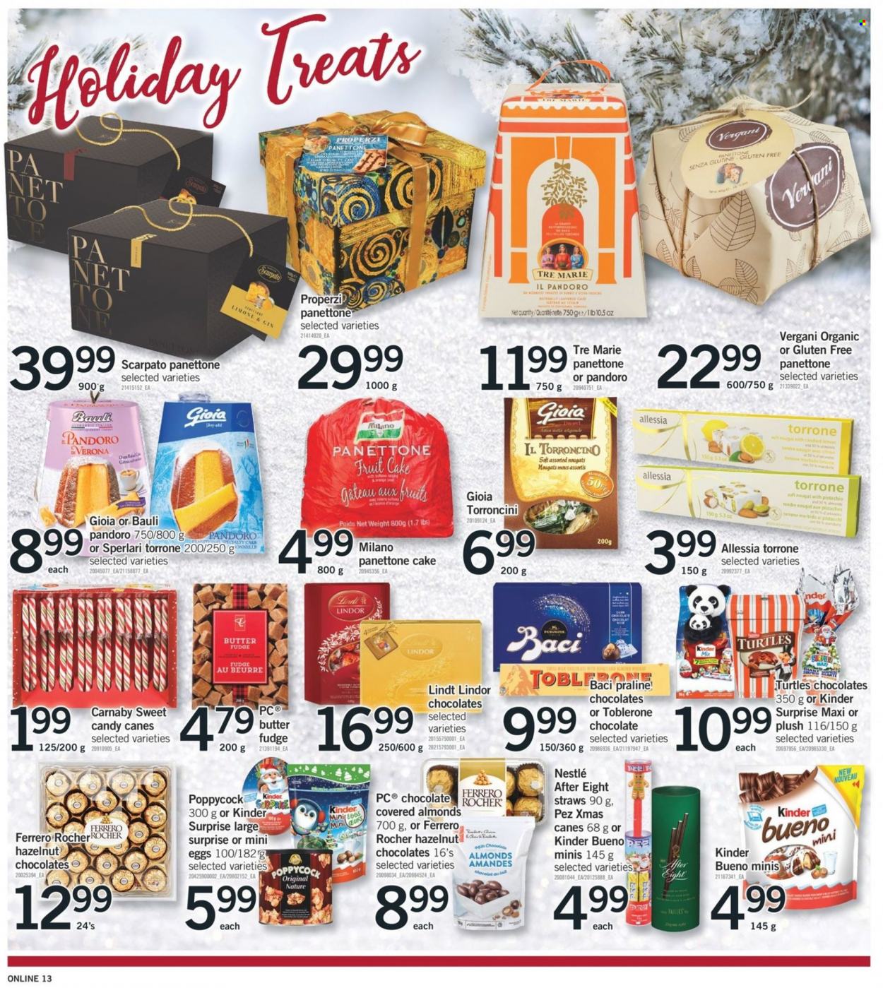 thumbnail - Fortinos Flyer - November 25, 2021 - December 01, 2021 - Sales products - cake, panettone, butter, fudge, chocolate, Kinder Surprise, Kinder Bueno, Toblerone, After Eight, almonds, gin, straw, turtles, Nestlé, Lindt, Lindor, Ferrero Rocher, nougat, oranges. Page 14.