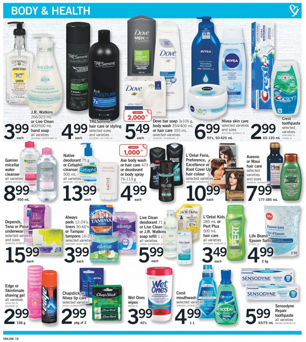 thumbnail - Fortinos Flyer - November 25, 2021 - December 01, 2021 - Sales products - wipes, Aveeno, body wash, hand soap, soap bar, soap, toothpaste, mouthwash, Crest, sanitary pads, tampons, cleanser, L’Oréal, micellar water, toner, TRESemmé, hair color, body spray, anti-perspirant, scope, Dove, Garnier, Tampax, Nivea, Sensodyne, Tena Lady, deodorant. Page 18.