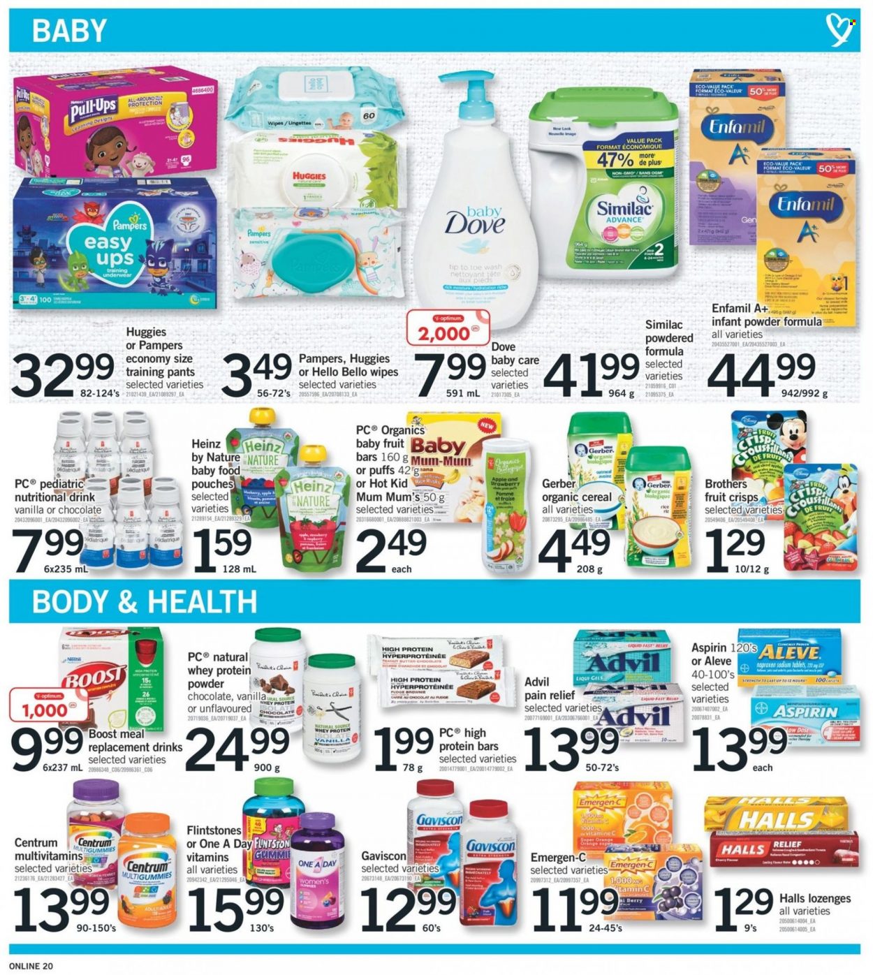 thumbnail - Fortinos Flyer - November 25, 2021 - December 01, 2021 - Sales products - puffs, brownies, Halls, Gerber, oatmeal, powder chocolate, Heinz, cereals, protein bar, rice, Boost, Ron Pelicano, BROTHERS, Enfamil, Similac, wipes, pants, baby pants, Mum, pin, Optimum, underwear, pain relief, Aleve, multivitamin, Advil Rapid, Emergen-C, whey protein, Gaviscon, aspirin, Centrum, Dove, Huggies, Pampers, oranges. Page 19.