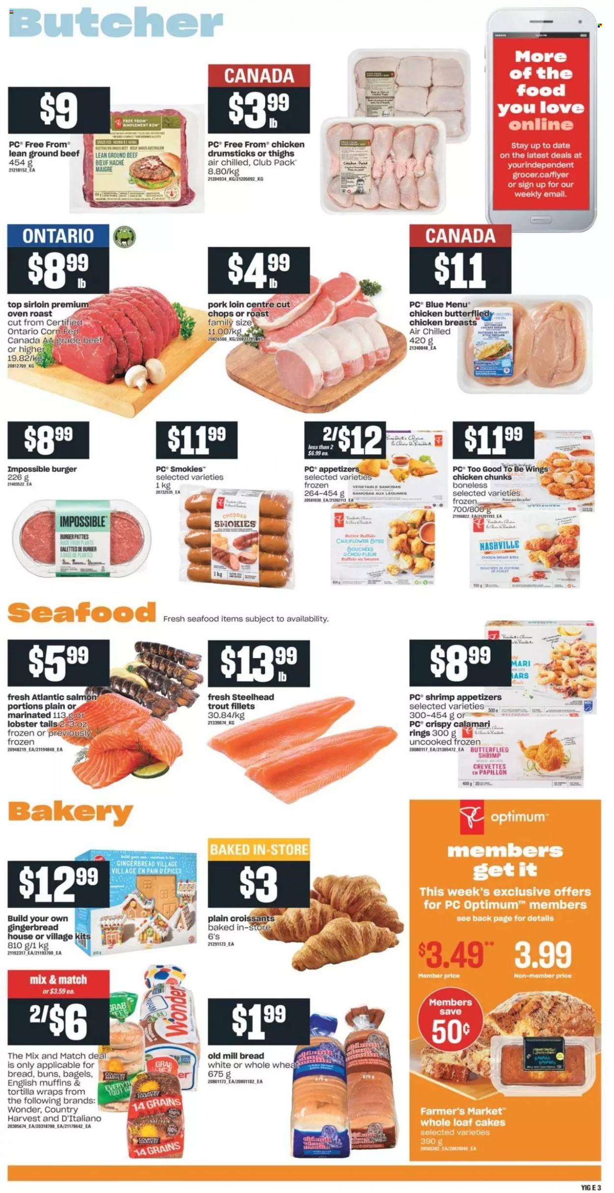 thumbnail - Independent Flyer - November 25, 2021 - December 01, 2021 - Sales products - bagels, english muffins, tortillas, cake, croissant, buns, wraps, gingerbread, cauliflower, calamari, lobster, salmon, trout, seafood, lobster tail, shrimps, hamburger, cheddar, cheese, butter, Country Harvest, chicken breasts, chicken drumsticks, chicken, beef meat, ground beef, burger patties, pork loin, pork meat, Optimum. Page 3.