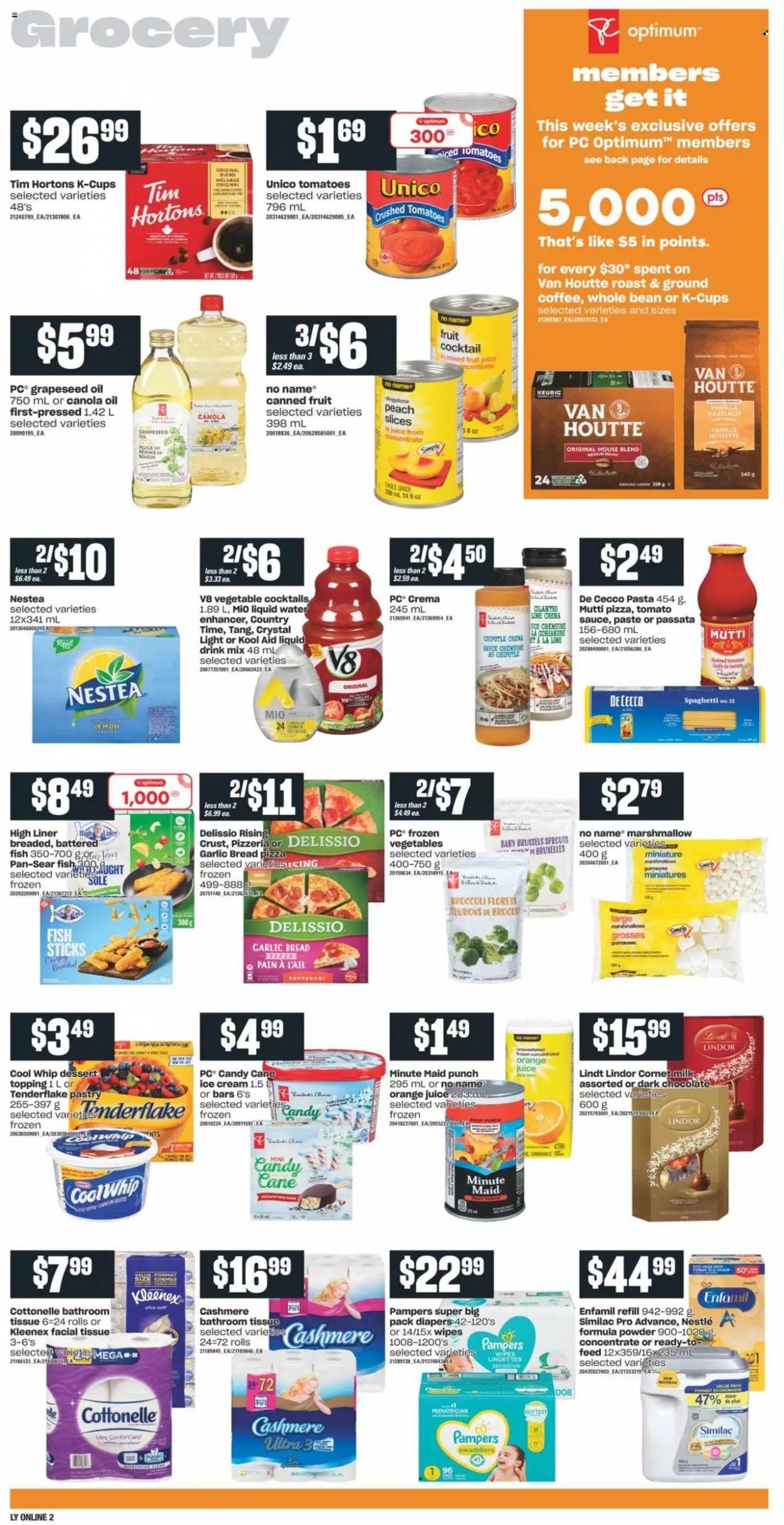 thumbnail - Independent Flyer - November 25, 2021 - December 01, 2021 - Sales products - bread, broccoli, brussel sprouts, fish, fish fingers, No Name, fish sticks, spaghetti, pizza, pasta, pepperoni, Cool Whip, ice cream, frozen vegetables, marshmallows, candy cane, topping, crushed tomatoes, tomato sauce, canned fruit, canola oil, oil, grape seed oil, orange juice, juice, fruit juice, Country Time, fruit punch, coffee, ground coffee, coffee capsules, K-Cups, Keurig, Enfamil, Similac, wipes, nappies, bath tissue, Cottonelle, Kleenex, pan, Optimum, Nestlé, kool aid, Pampers, Lindt, Lindor. Page 5.