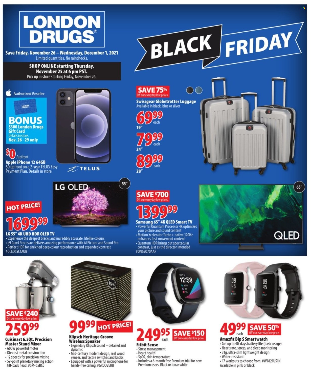 thumbnail - London Drugs Flyer - November 26, 2021 - December 01, 2021 - Sales products - Apple, Cuisinart, Samsung, iPhone, iPhone 12, Fitbit, smart watch, TV, speaker, microphone, mixer, stand mixer, LG, smart tv. Page 1.