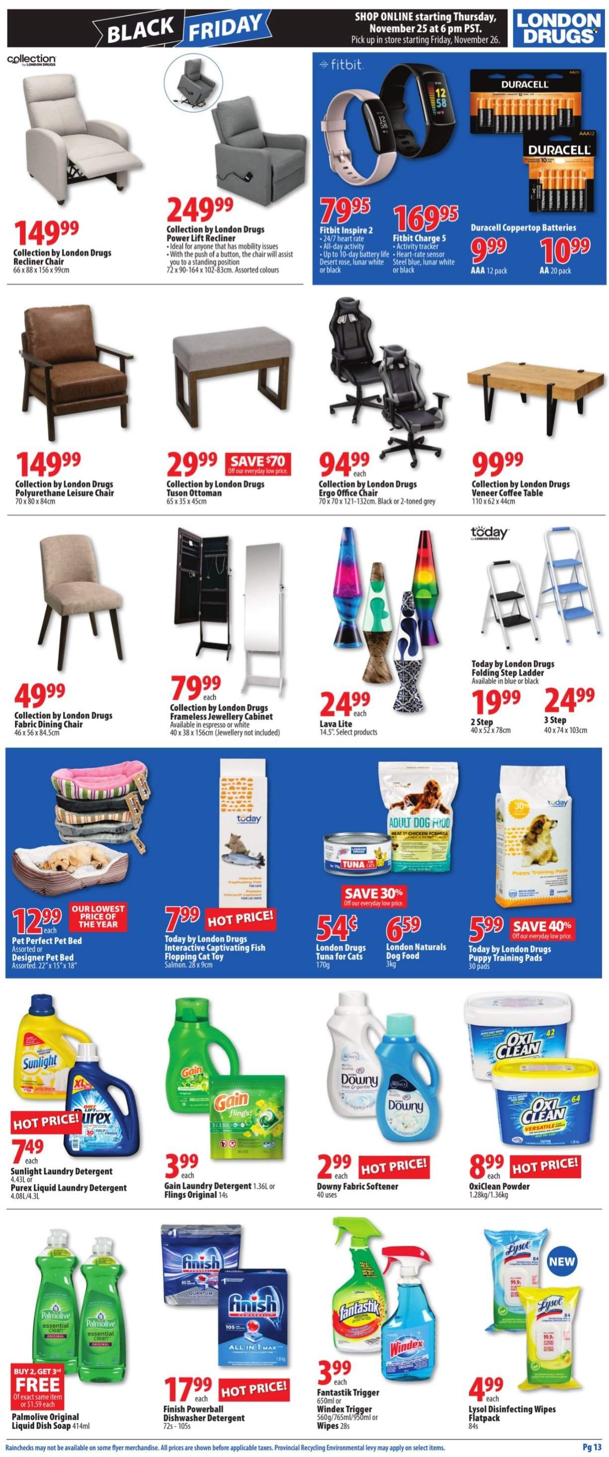 thumbnail - London Drugs Flyer - November 26, 2021 - December 01, 2021 - Sales products - rosé wine, wipes, Gain, Windex, Lysol, OxiClean, fabric softener, laundry detergent, Sunlight, Purex, Downy Laundry, Finish Powerball, Palmolive, soap, Duracell, chair pad, activity tracker, Fitbit, cabinet, table, chair, dining chair, recliner chair, coffee table, ottoman, office chair, toys, rose, detergent. Page 15.