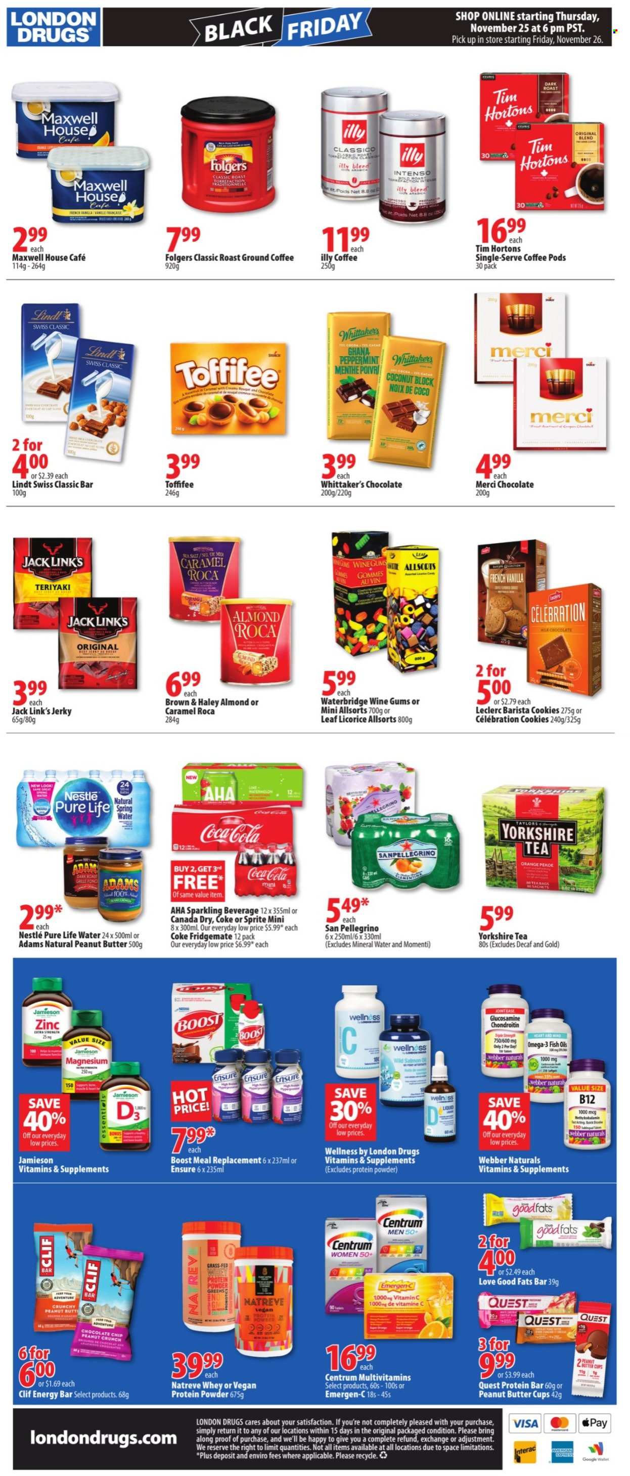 thumbnail - London Drugs Flyer - November 26, 2021 - December 01, 2021 - Sales products - cookies, milk chocolate, Celebration, Merci, Whittaker's, peanut butter cups, Jack Link's, sea salt, protein bar, Classico, Canada Dry, Coca-Cola, Sprite, mineral water, Pure Life Water, San Pellegrino, Boost, Maxwell House, tea, tea bags, coffee pods, Folgers, ground coffee, Intenso, Illy, glucosamine, magnesium, multivitamin, vitamin c, Omega-3, Emergen-C, zinc, whey protein, Centrum, Nestlé, Lindt. Page 18.