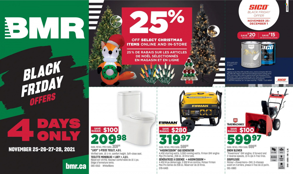 thumbnail - BMR Flyer - November 25, 2021 - November 28, 2021 - Sales products - tank, toilet, paint, snow blower, blower, gas generator, generator, tires. Page 1.