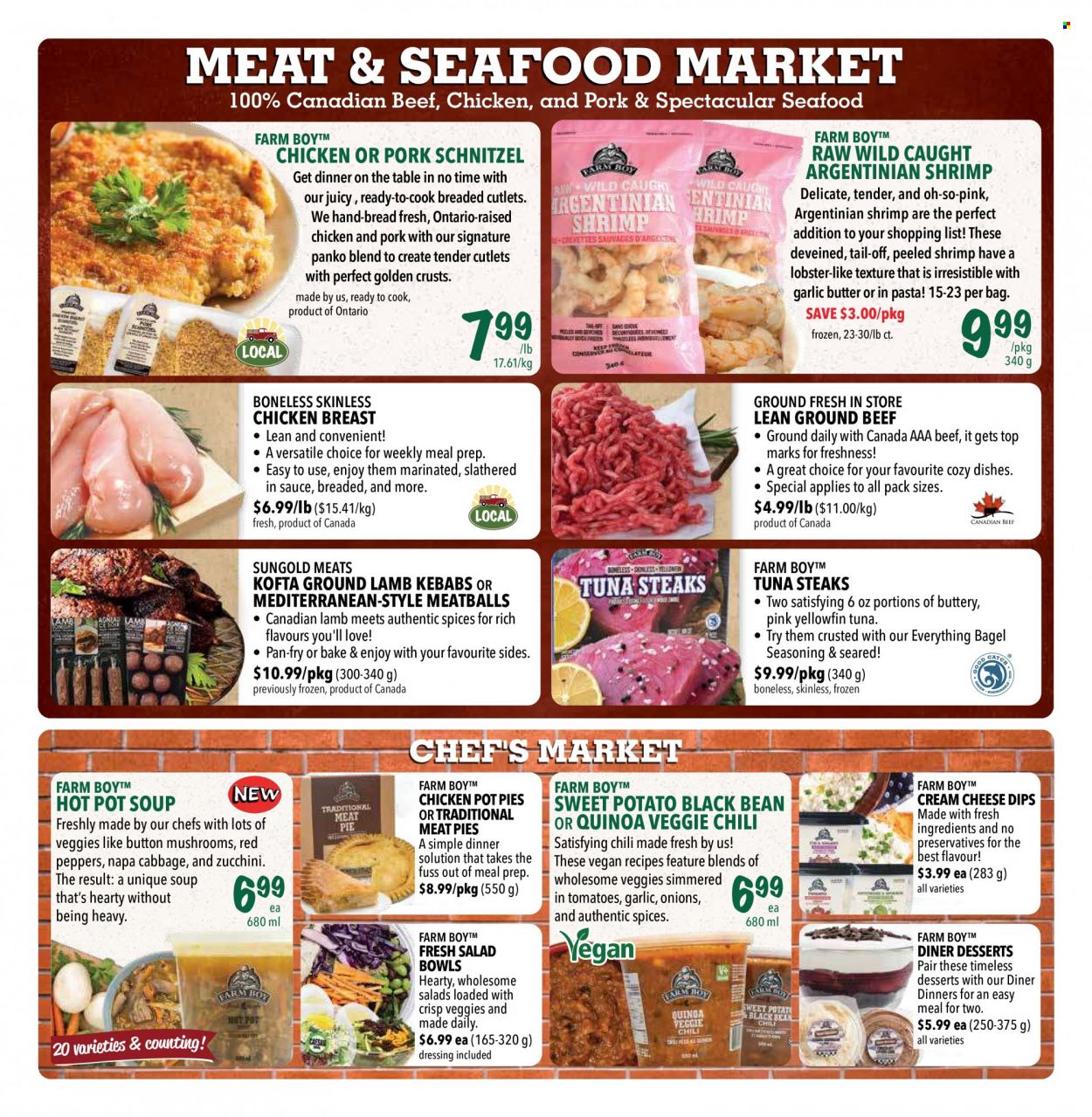 thumbnail - Farm Boy Flyer - November 25, 2021 - December 01, 2021 - Sales products - pot pie, panko breadcrumbs, sweet potato, zucchini, red peppers, lobster, tuna, seafood, meatballs, soup, pasta, schnitzel, butter, spice, dressing, chicken, beef meat, ground beef, ground lamb, lamb meat, quinoa, steak. Page 3.