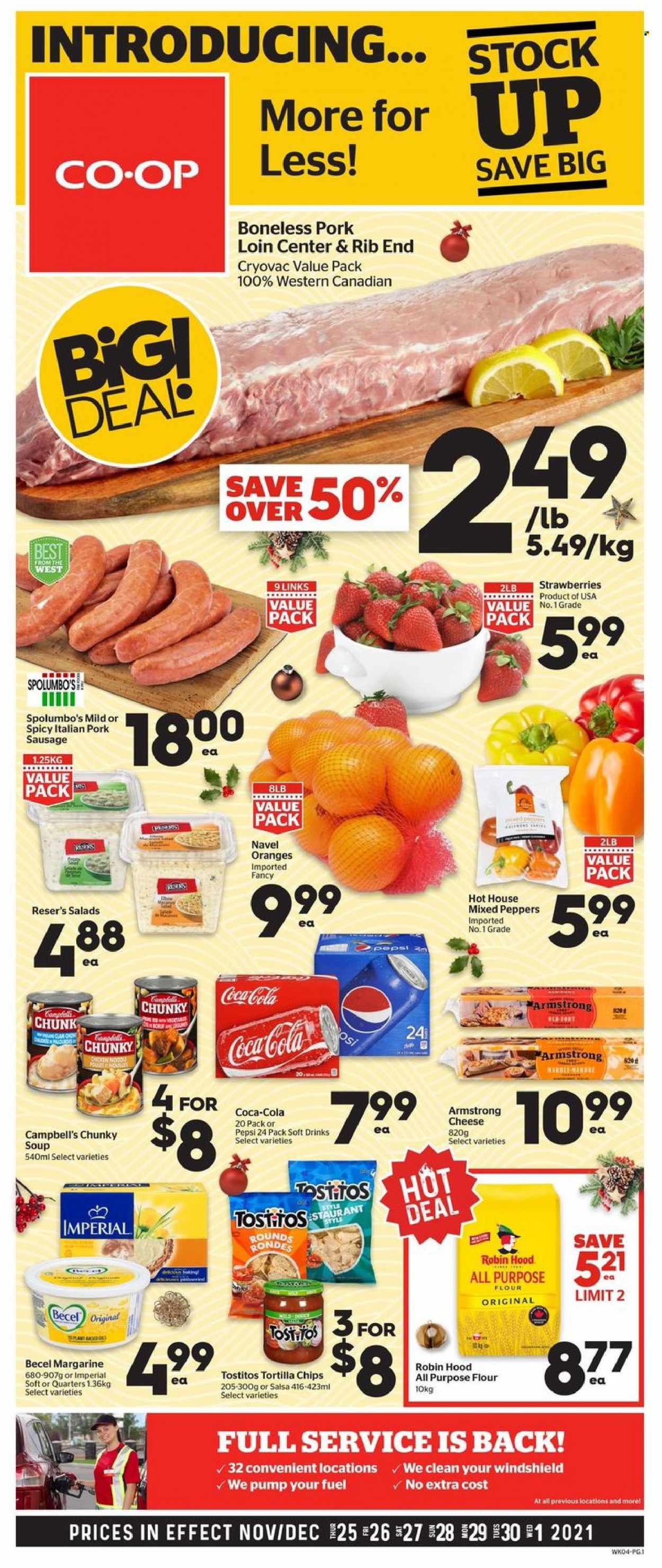 thumbnail - Calgary Co-op Flyer - November 25, 2021 - December 01, 2021 - Sales products - peppers, strawberries, navel oranges, Campbell's, soup, sausage, pork sausage, cheese, margarine, tortilla chips, Tostitos, all purpose flour, salsa, Coca-Cola, Pepsi, soft drink, pork loin, pork meat, chips, oranges. Page 1.