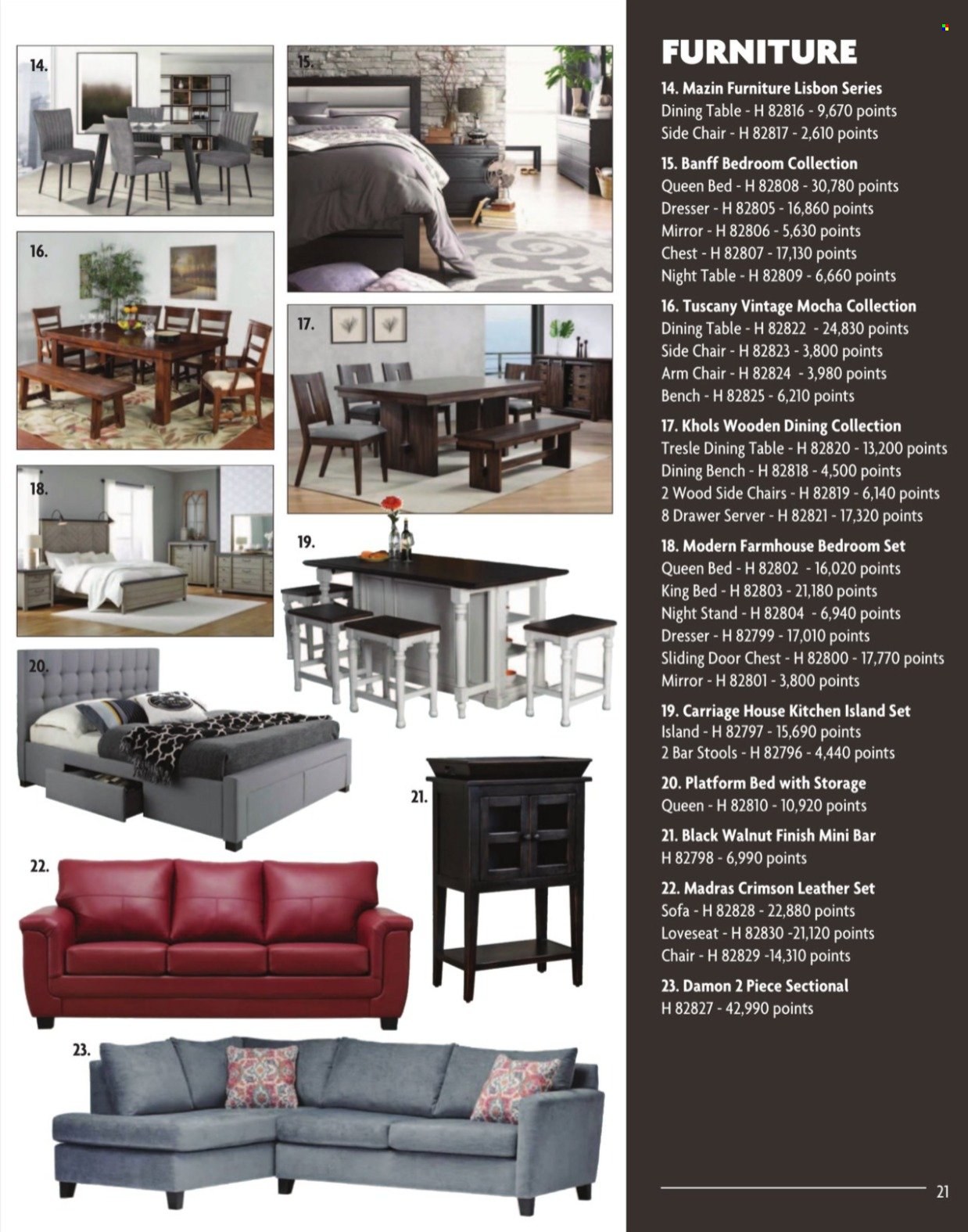 thumbnail - Home Hardware Flyer - November 22, 2021 - December 31, 2021 - Sales products - dining table, table, side chair, chair, bar stool, dining bench, bench, 2-piece sectional, arm chair, loveseat, sofa, king bed, queen bed, sliding door, dresser, mirror. Page 21.