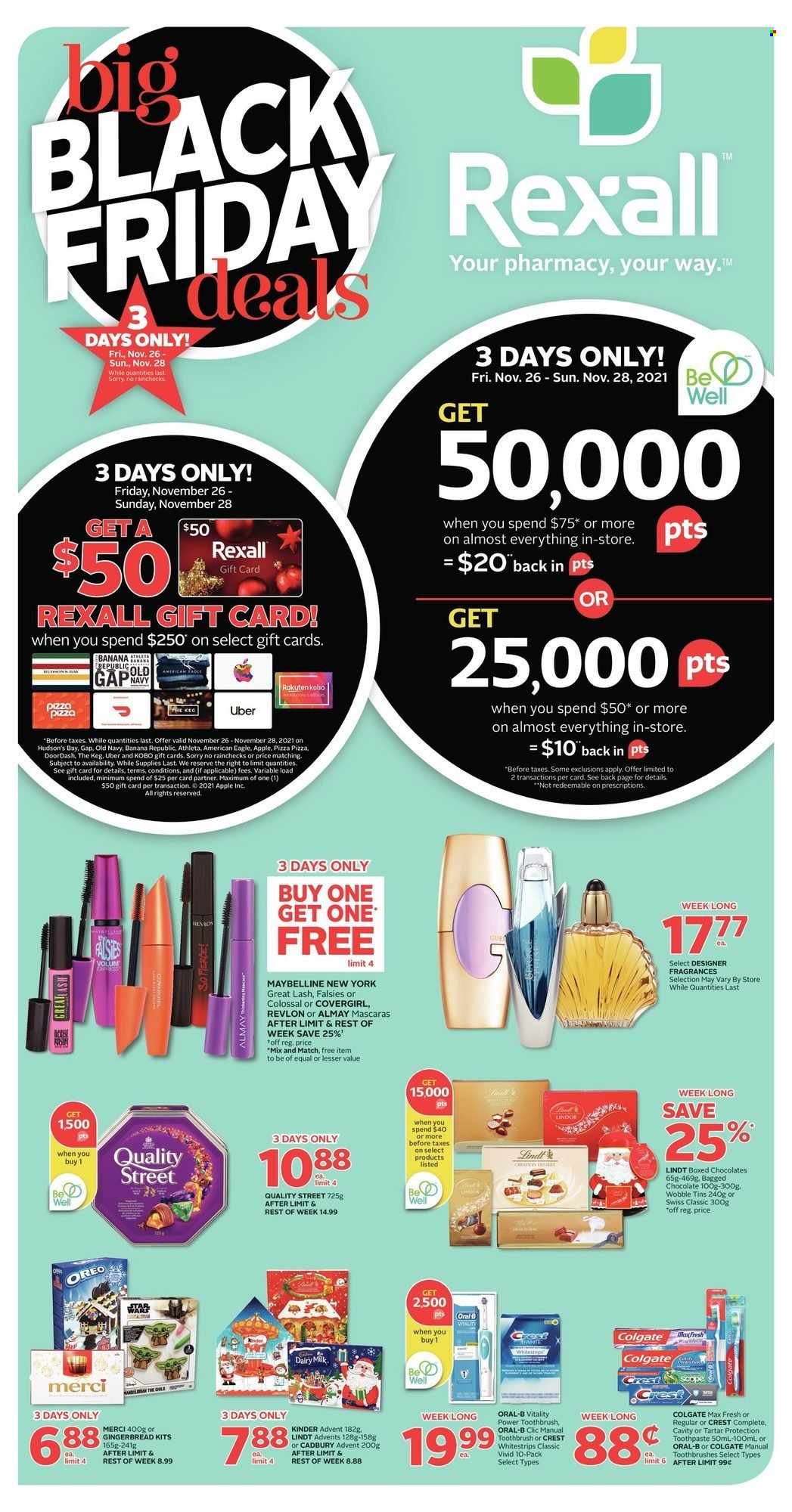 thumbnail - Rexall Flyer - November 26, 2021 - December 02, 2021 - Sales products - gingerbread, chocolate, Cadbury, Merci, Dairy Milk, toothbrush, toothpaste, Crest, Almay, Revlon, Oreo, Colgate, Maybelline, Oral-B, Lindt, Lindor. Page 1.