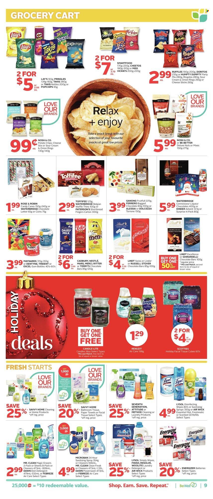 thumbnail - Rexall Flyer - November 26, 2021 - December 02, 2021 - Sales products - Mars, Cadbury, Merci, Dairy Milk, Trident, Ghirardelli, chocolate bar, Doritos, potato chips, Pringles, Cheetos, onion rings, Lay’s, Smartfood, Thins, Ruffles, oil, wine, rosé wine, wipes, bath tissue, kitchen towels, paper towels, Febreze, Lysol, Woolite, Snuggle, candle, Renuzit, Air Wick, scented oil, Nestlé, detergent, Energizer, liqueur, chips, Lindt, Lindor, Ferrero Rocher. Page 12.