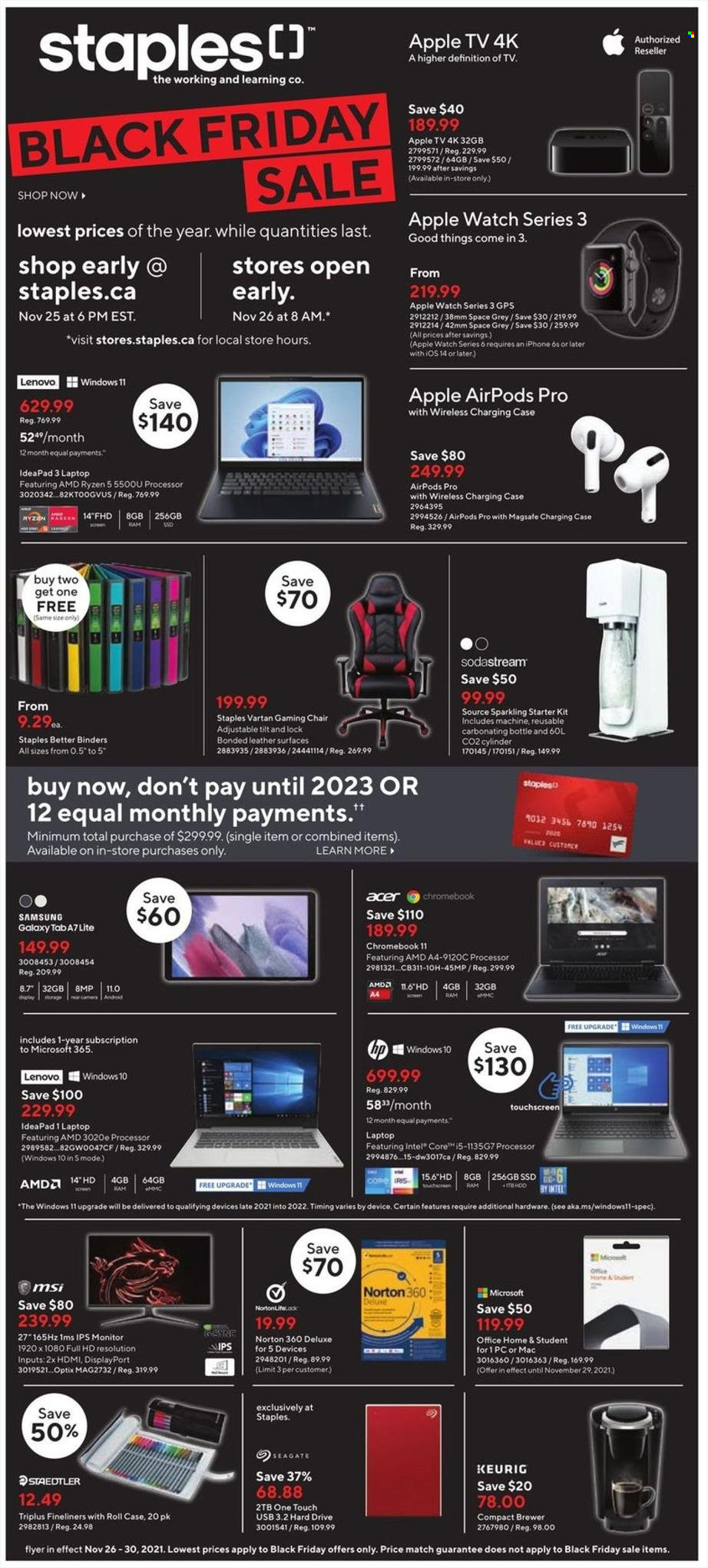 thumbnail - Staples Flyer - November 26, 2021 - November 30, 2021 - Sales products - Lenovo, monitor, Apple Watch. Page 1.